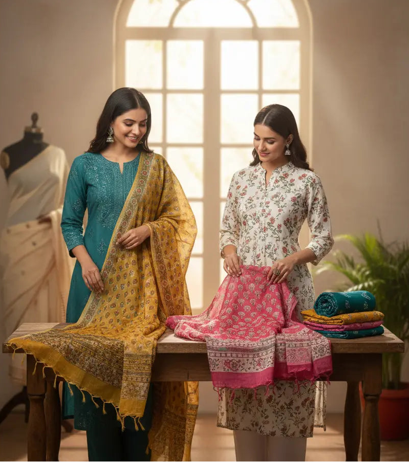 Two women in traditional outfits standing next to a table with clothing items, with 'Prans Designs' branding.