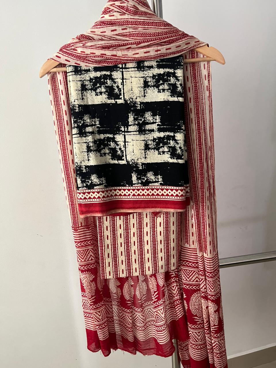 Abstract Red Pure Cotton Suit Set with Mulmul-Soft Dupatta (Red–Beige–Black)