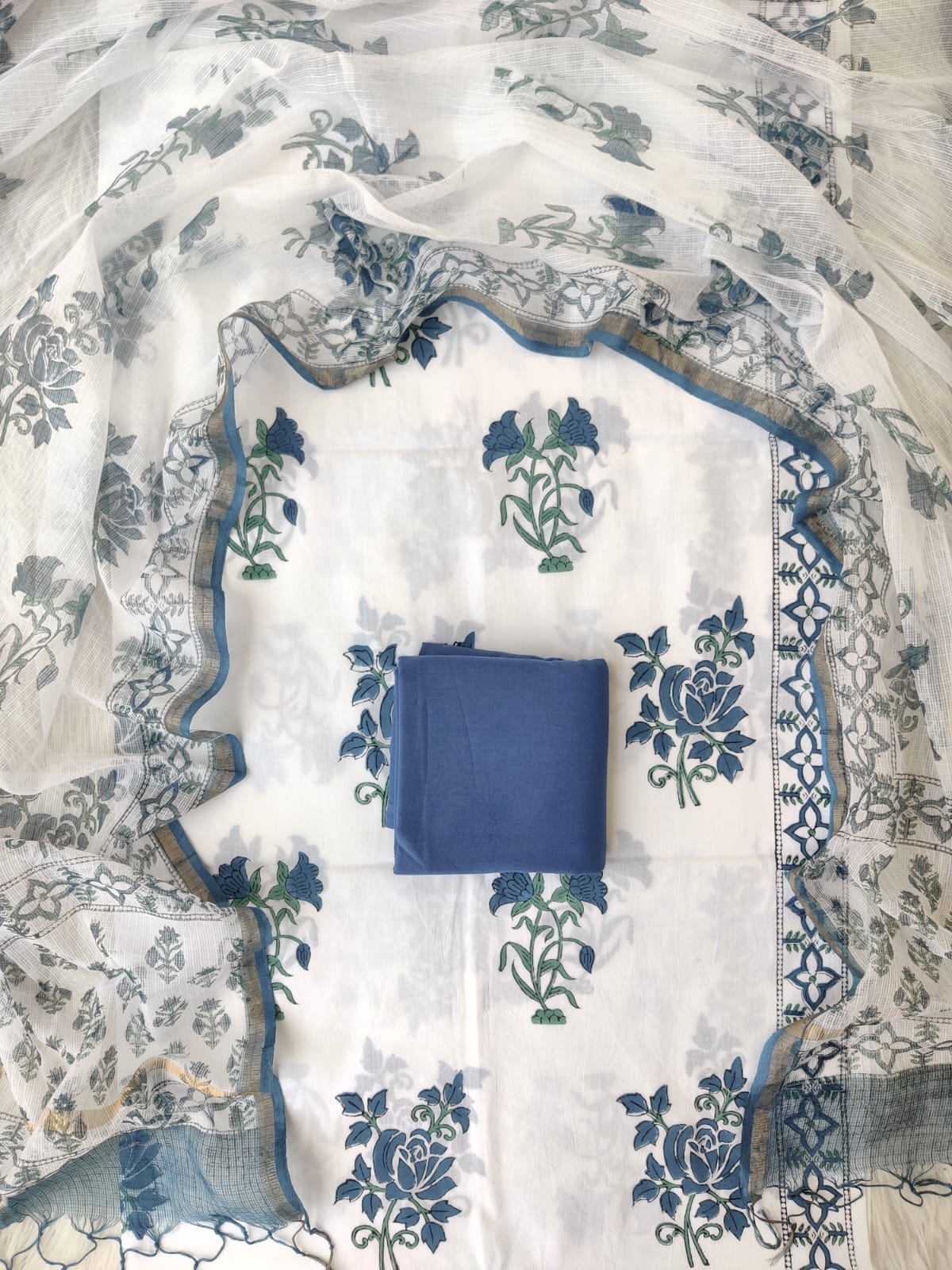 Hand Block Printed Cotton Suit with Cotton Kota Doria Dupatta Azure Rose