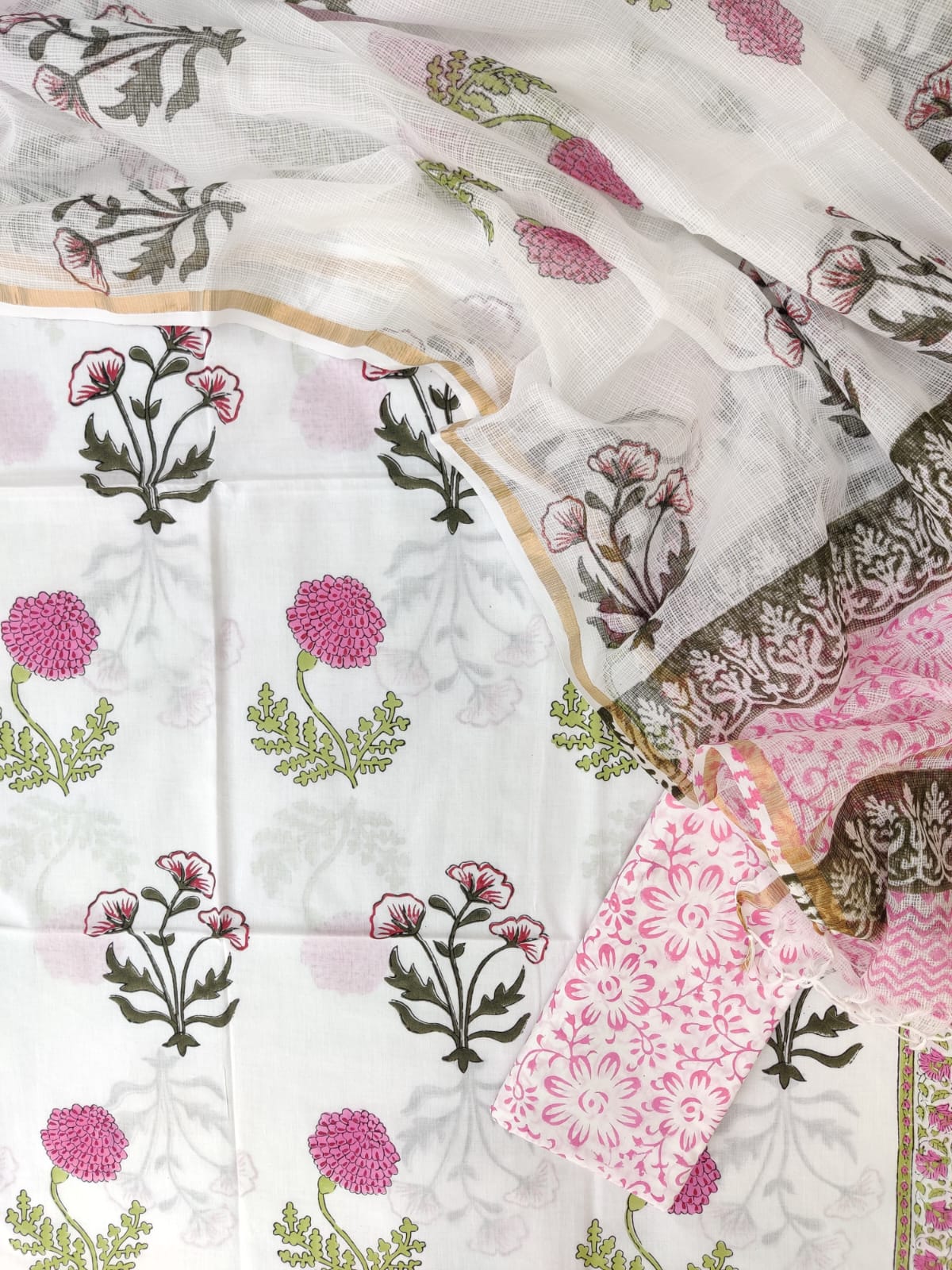 Hand Block Printed Cotton Suit with Cotton Kota Doria Dupatta Blossom Dance