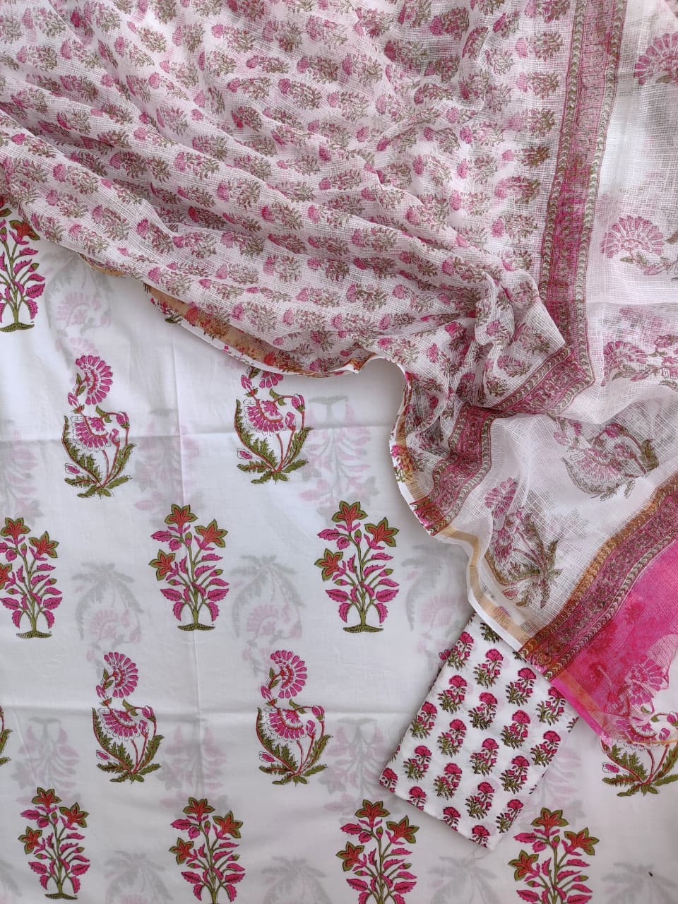 Hand Block Printed Cotton Suit with Cotton Kota Doria Dupatta Blossom Grove