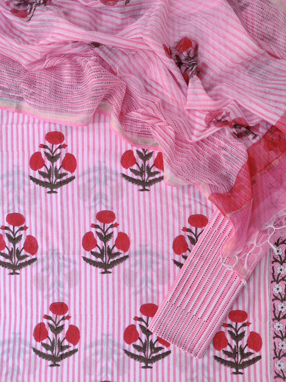 Hand Block Printed Cotton Suit with Cotton Kota Doria Dupatta Blush Dot