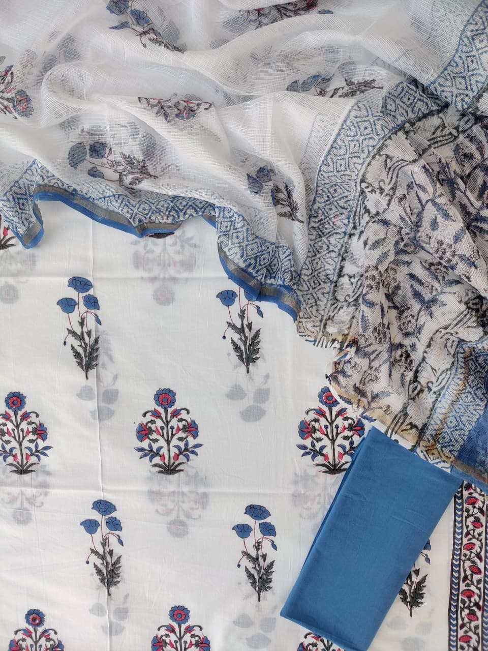 Hand Block Printed Cotton Suit with Cotton Kota Doria Dupatta Crimson Sky