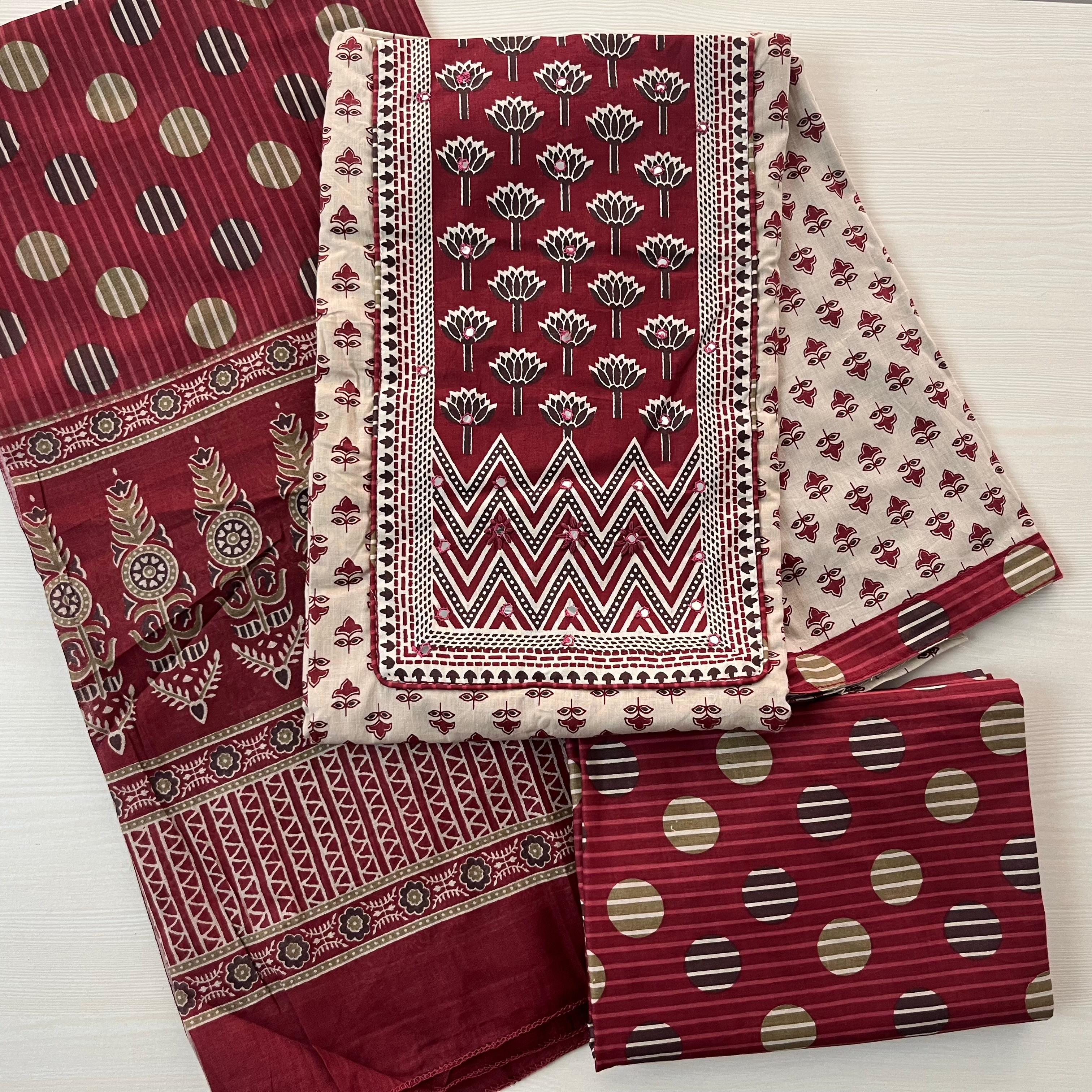 Lotus Maze Block Print - Pure Cotton Suit Material Crimson Maroon