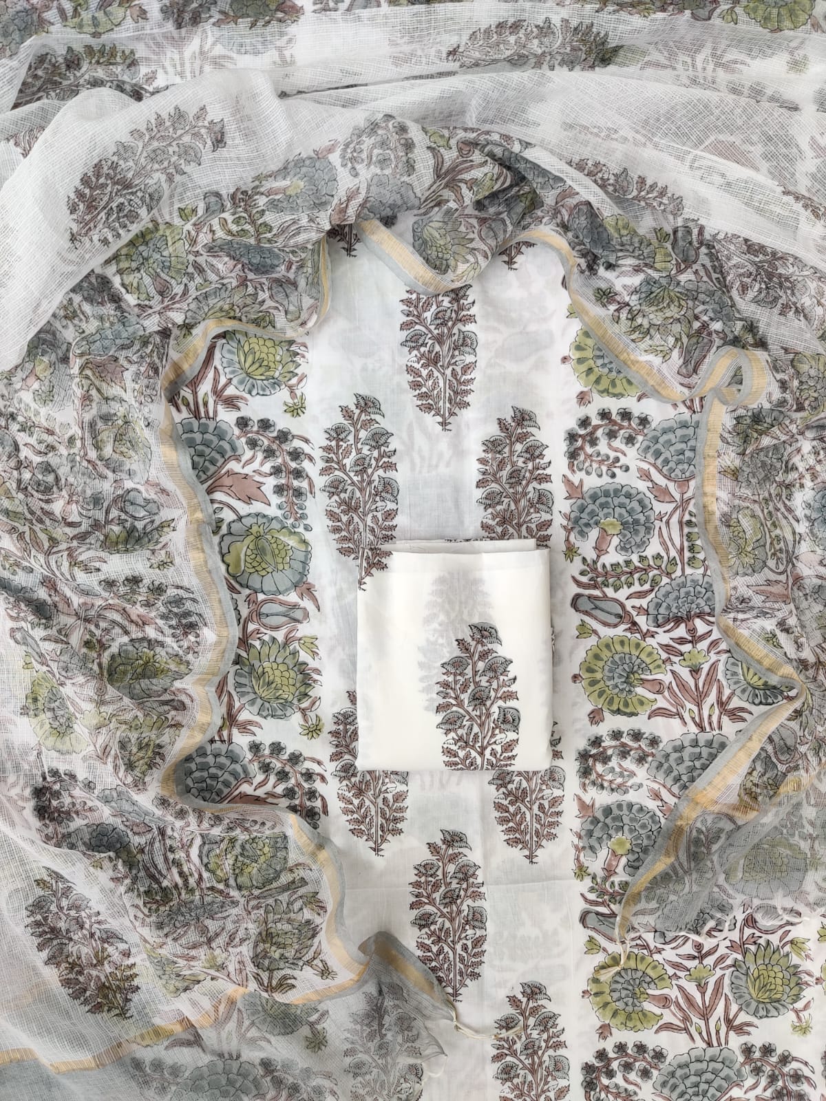 Hand Block Printed Cotton Suit with Cotton Kota Doria Dupatta Daisy Cluster