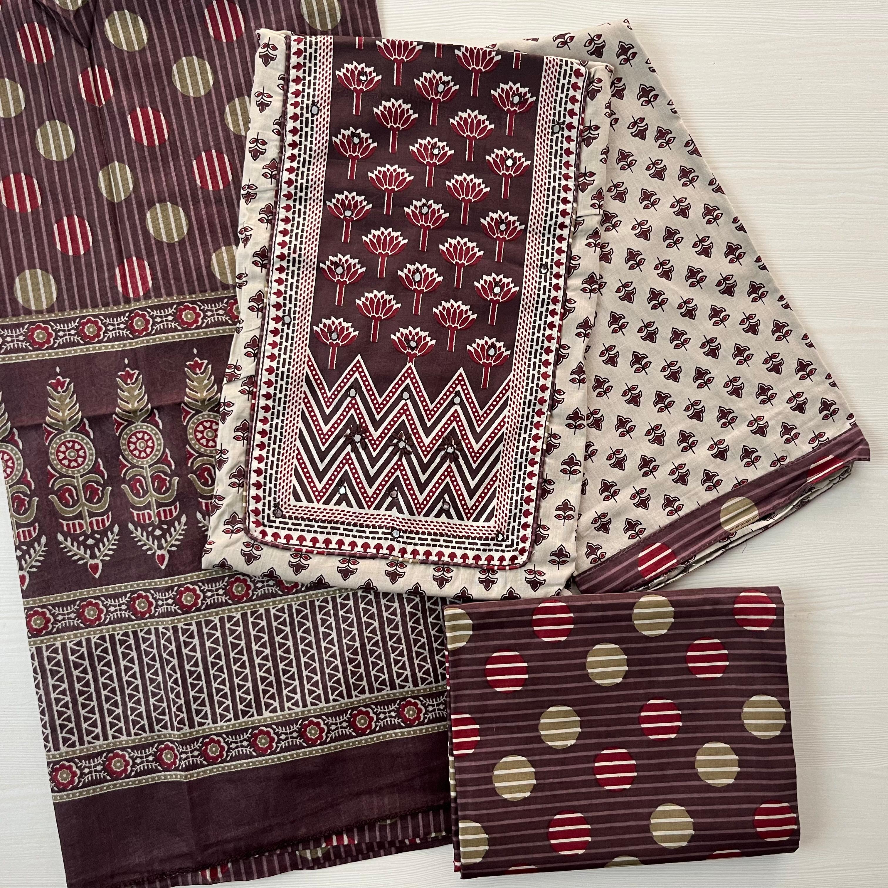 Lotus Maze Block Print - Pure Cotton Suit Material Deep Vine