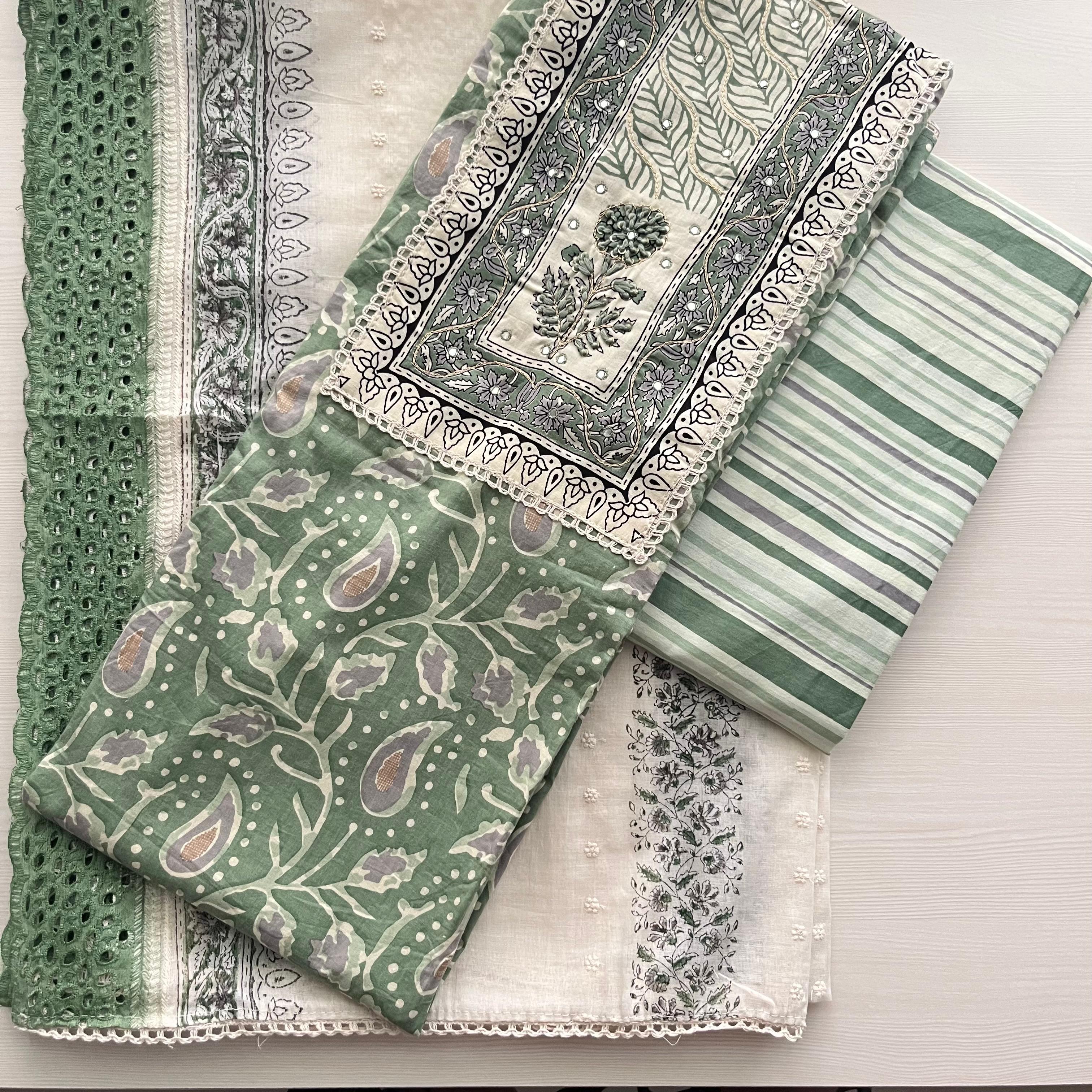 Premium Full Cotton Green Paisley Suit Set with Embroidered Neck & Lace Dupatta