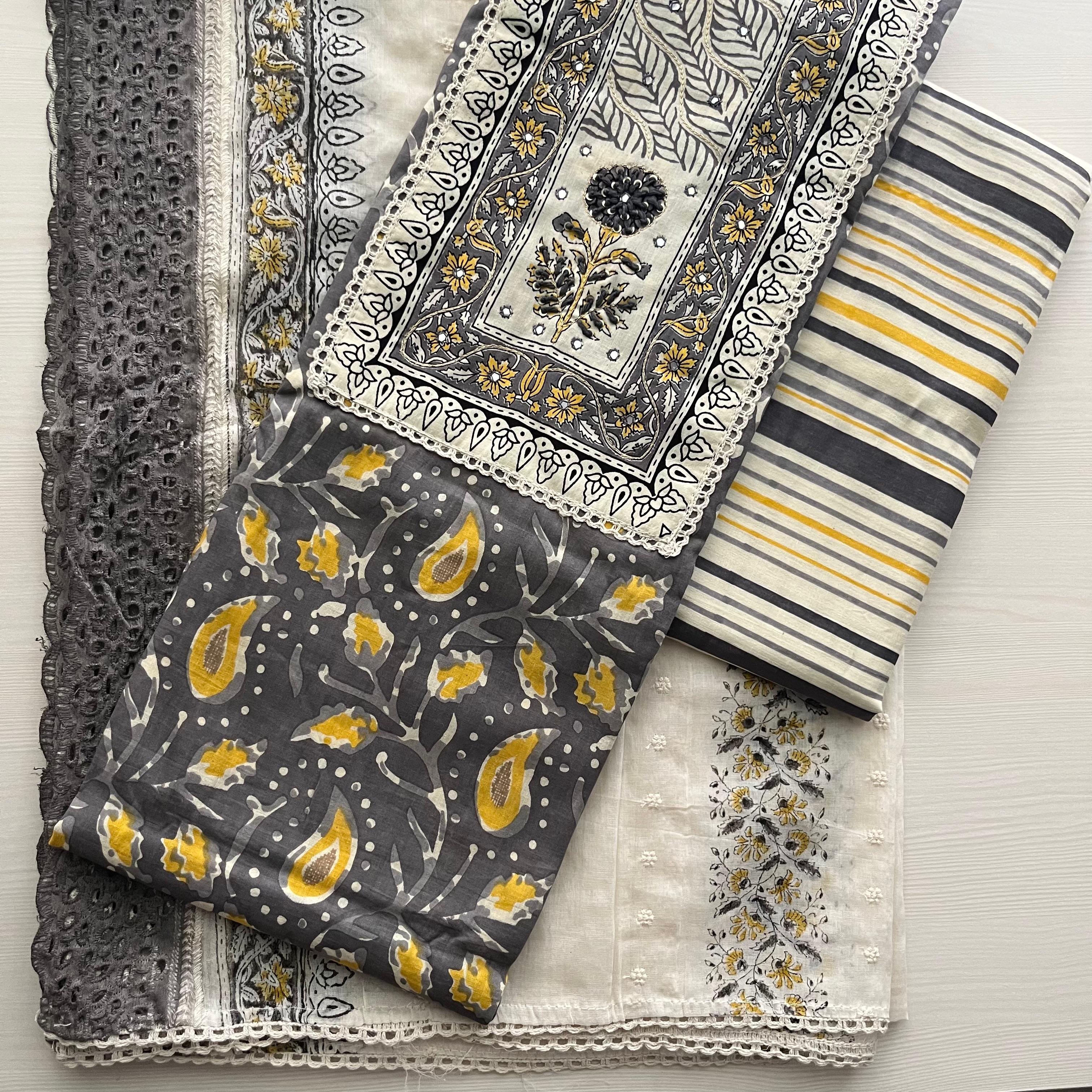 Premium Full Cotton Grey Paisley Suit Set with Embroidered Neck & Lace Dupatta