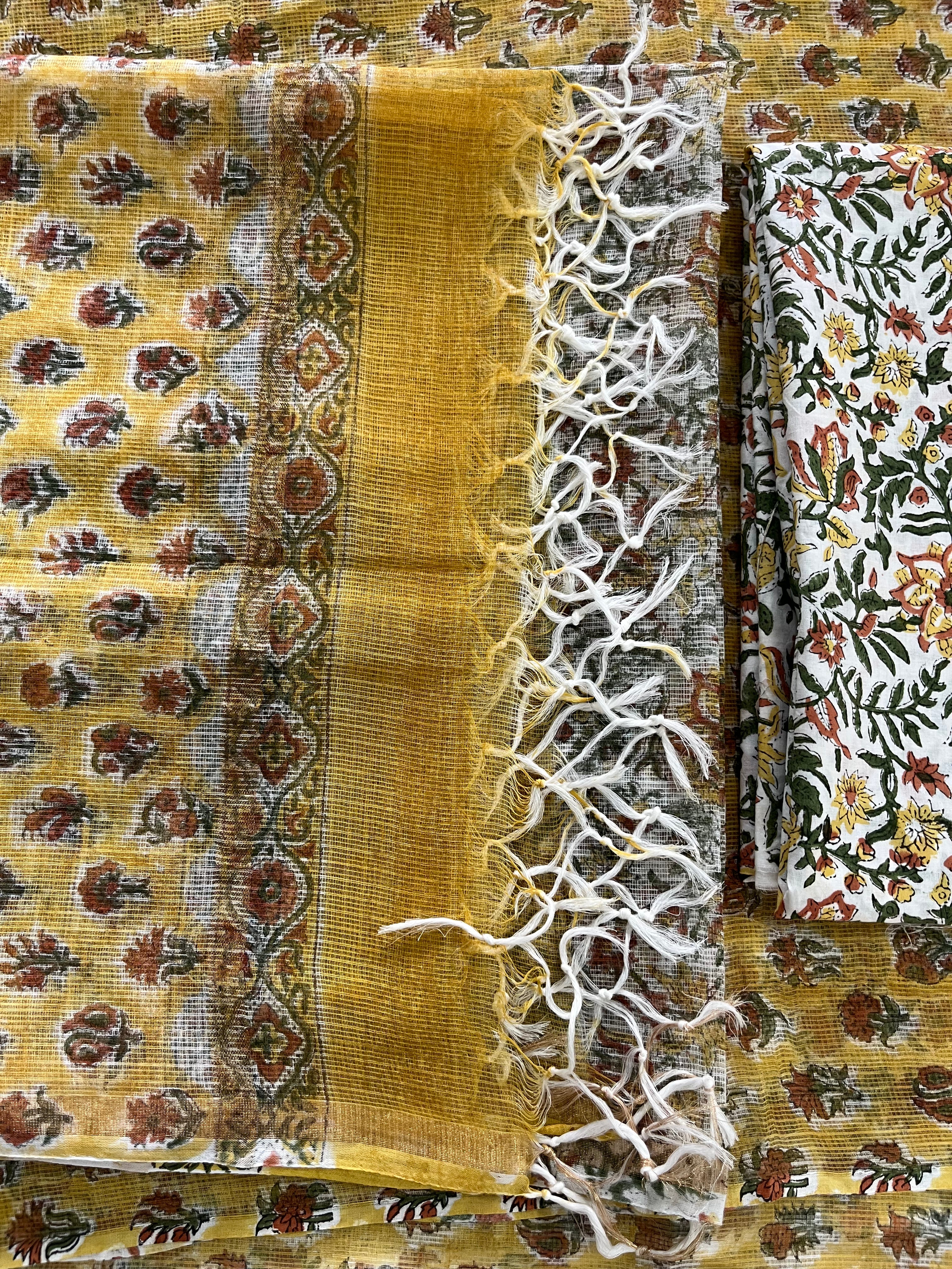 Hand Block Printed Full Kota Suit Yellow Garden