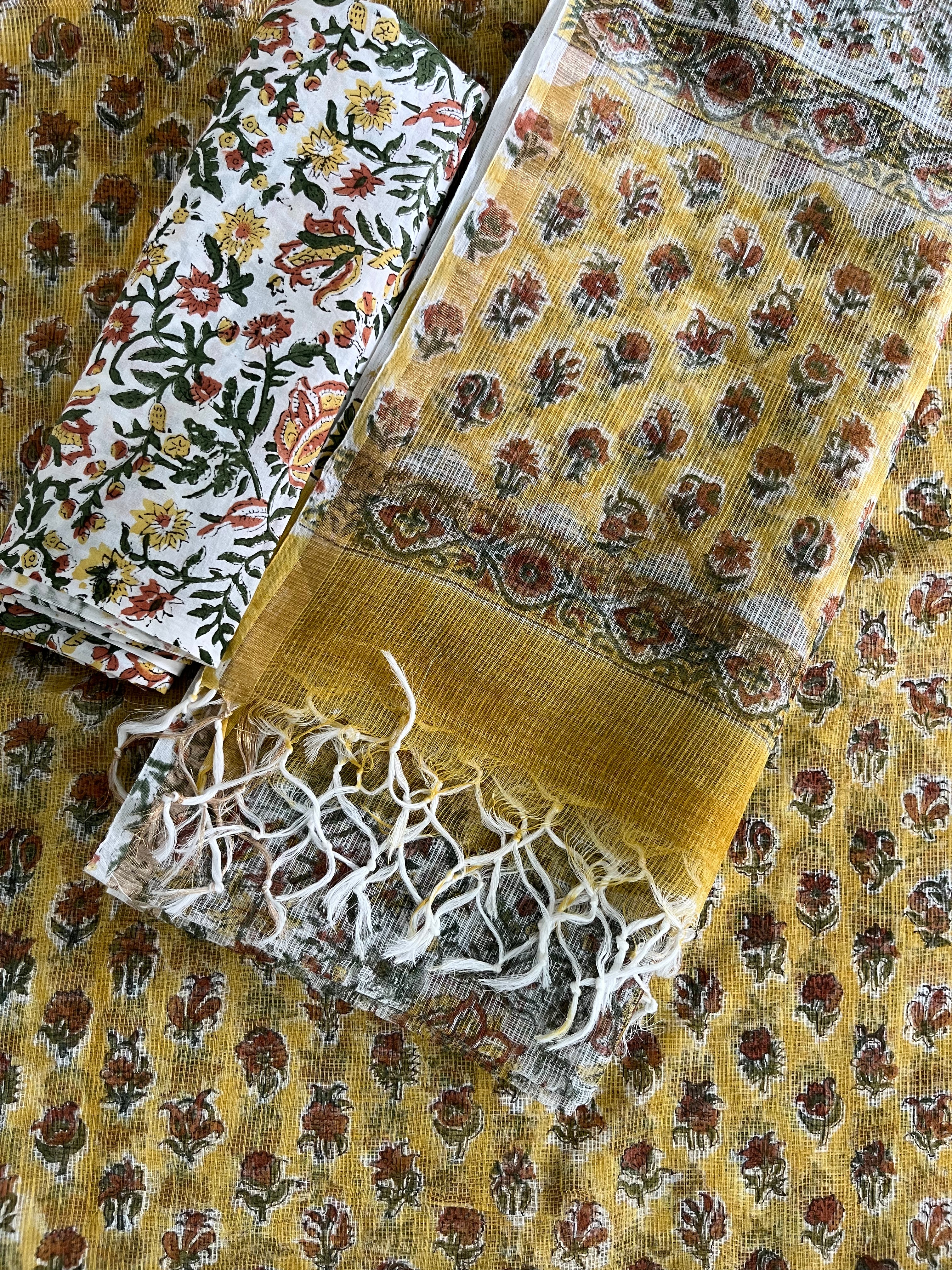 Hand Block Printed Full Kota Suit Yellow Garden