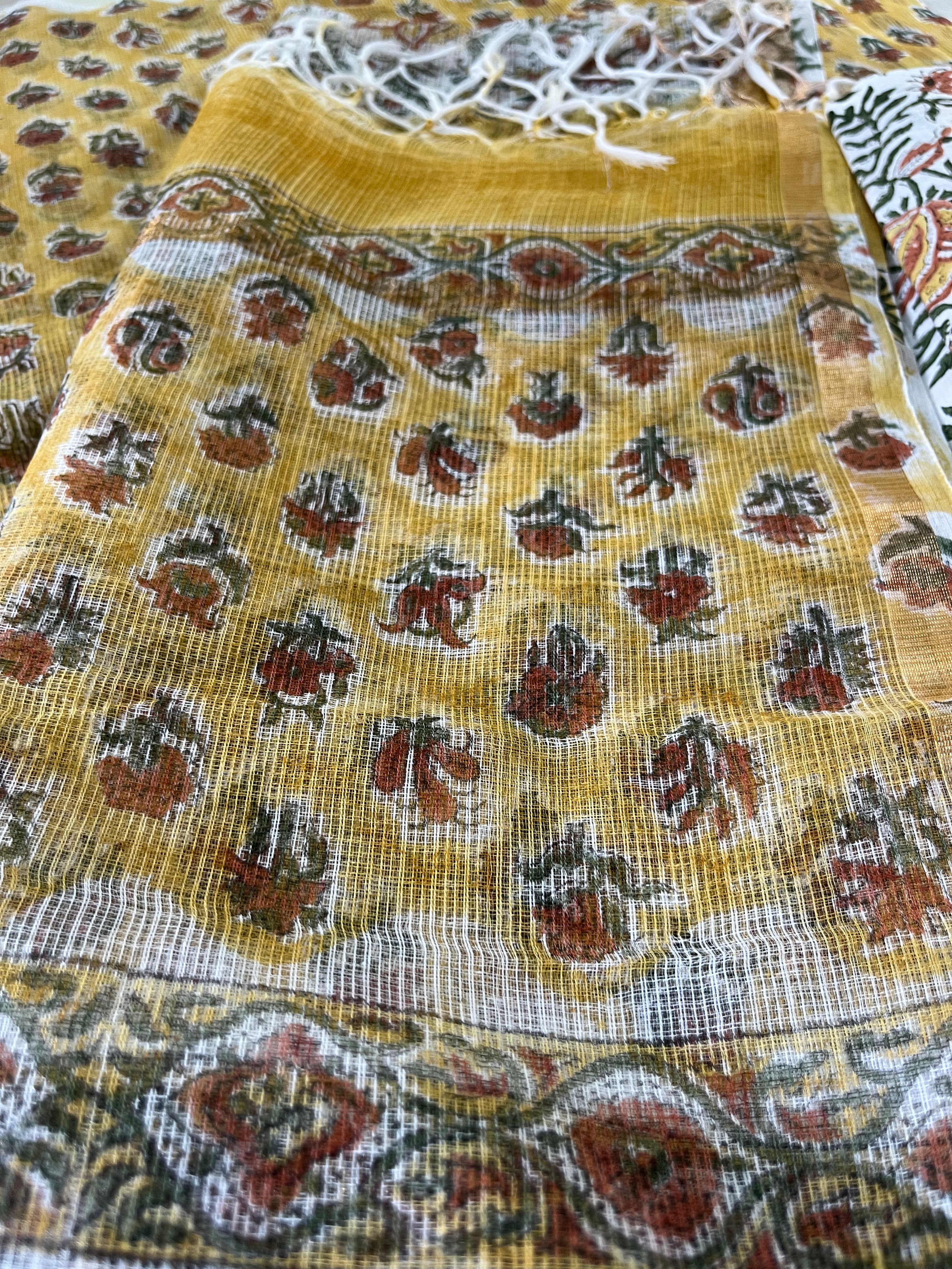 Hand Block Printed Full Kota Suit Yellow Garden