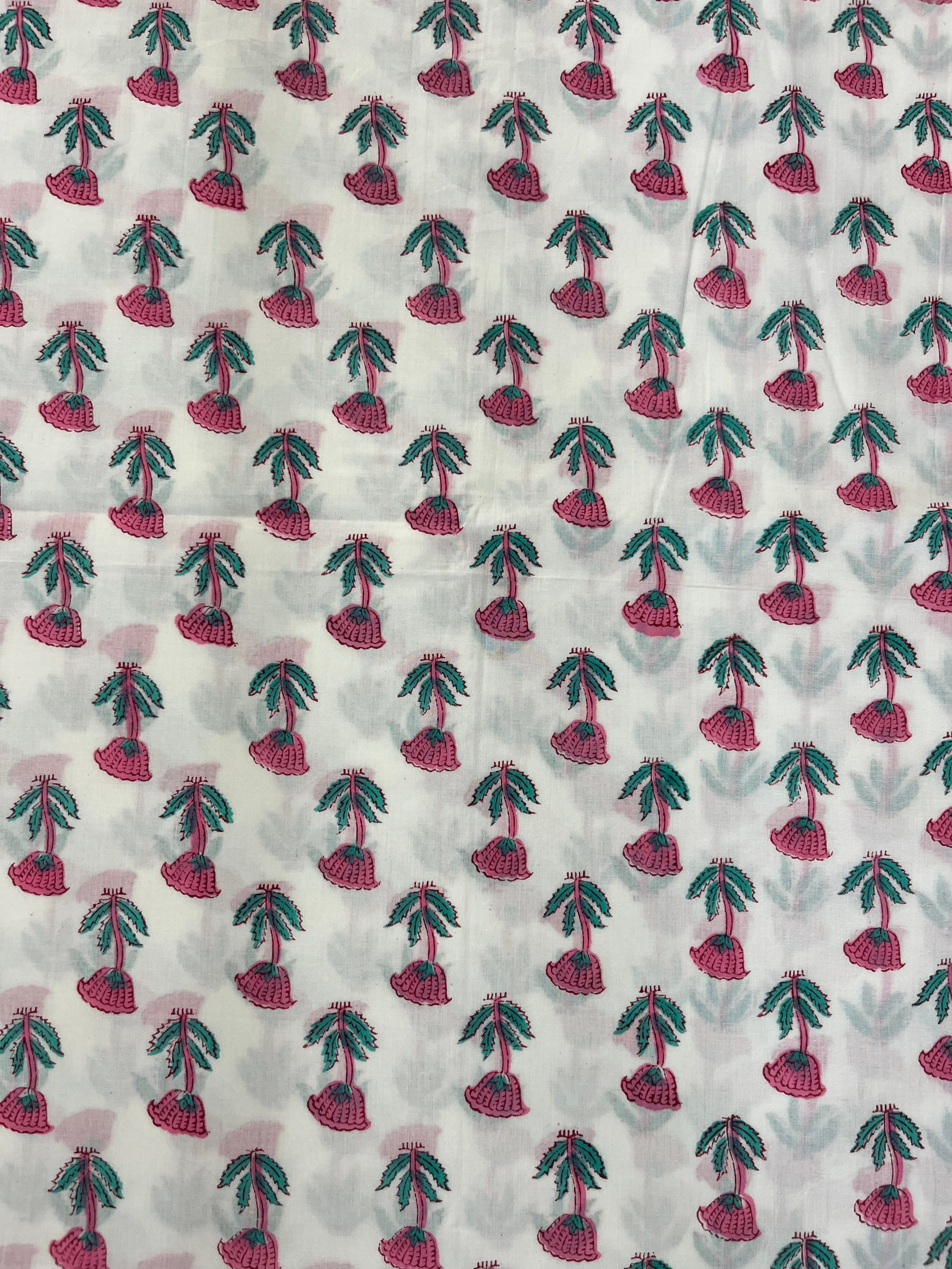 Hand Block Printed Cotton Suit with Cotton Kota Doria Dupatta Pink Green