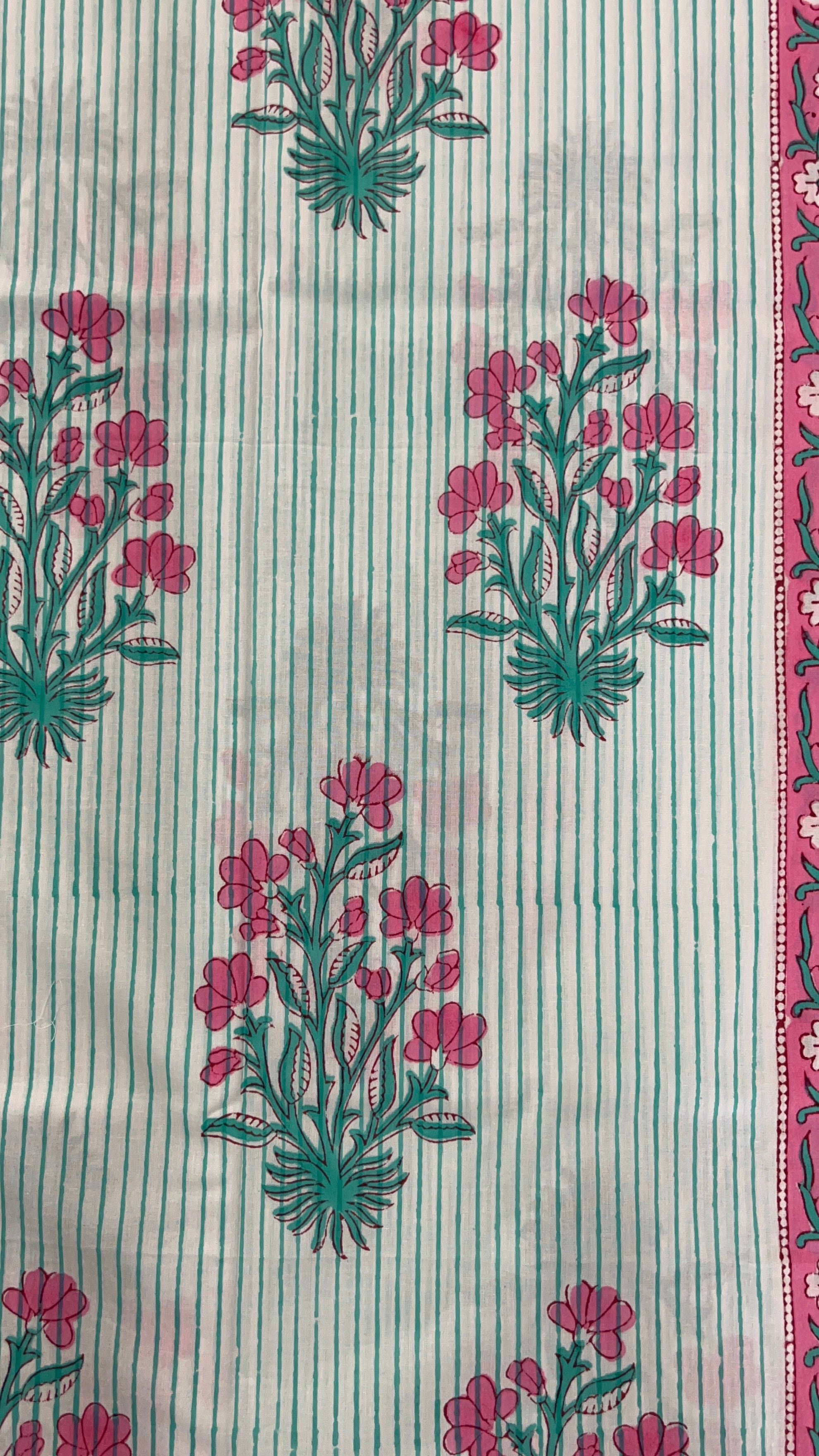 Hand Block Printed Cotton Suit with Cotton Kota Doria Dupatta Pink Green