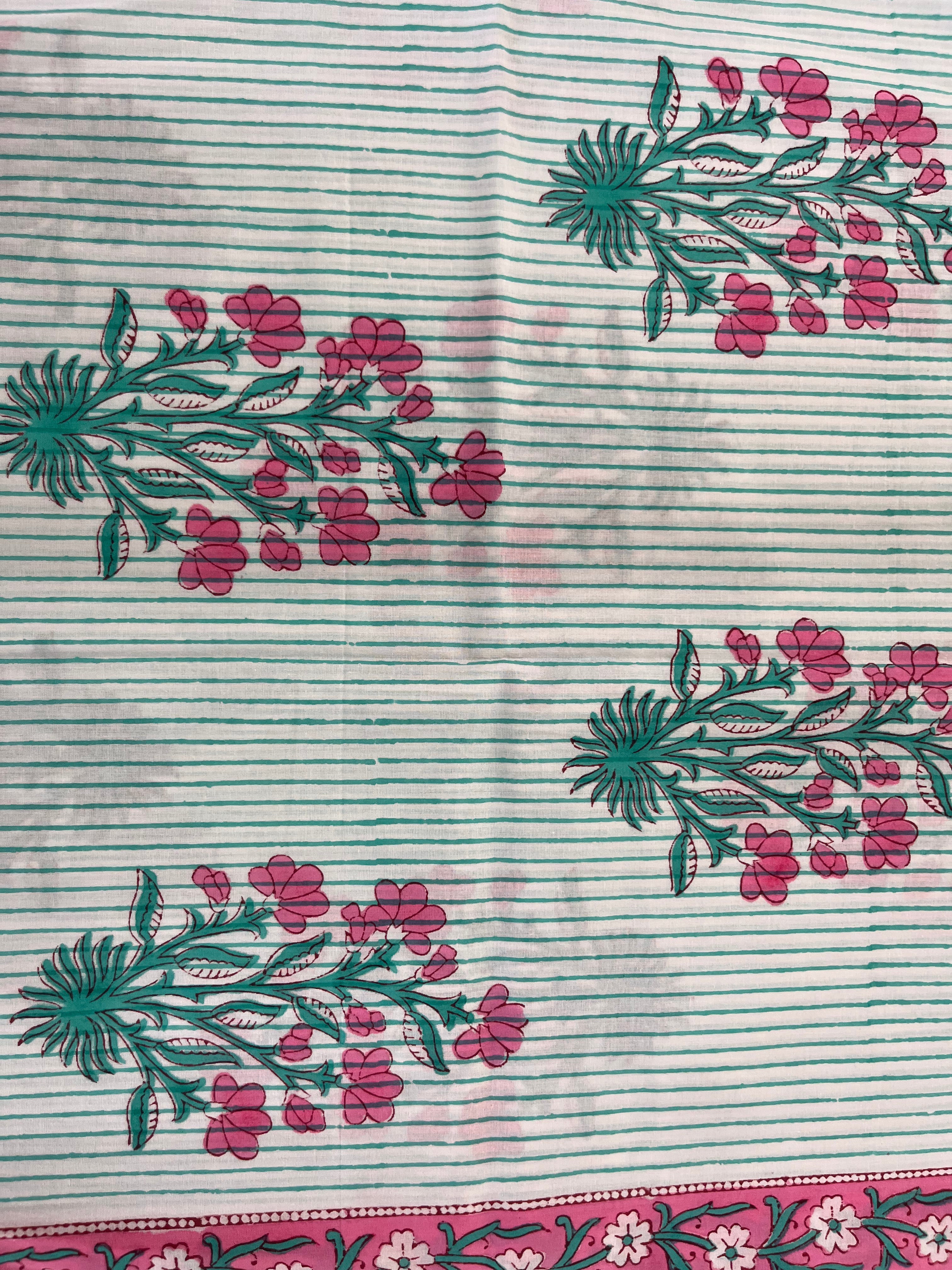 Hand Block Printed Cotton Suit with Cotton Kota Doria Dupatta Pink Green
