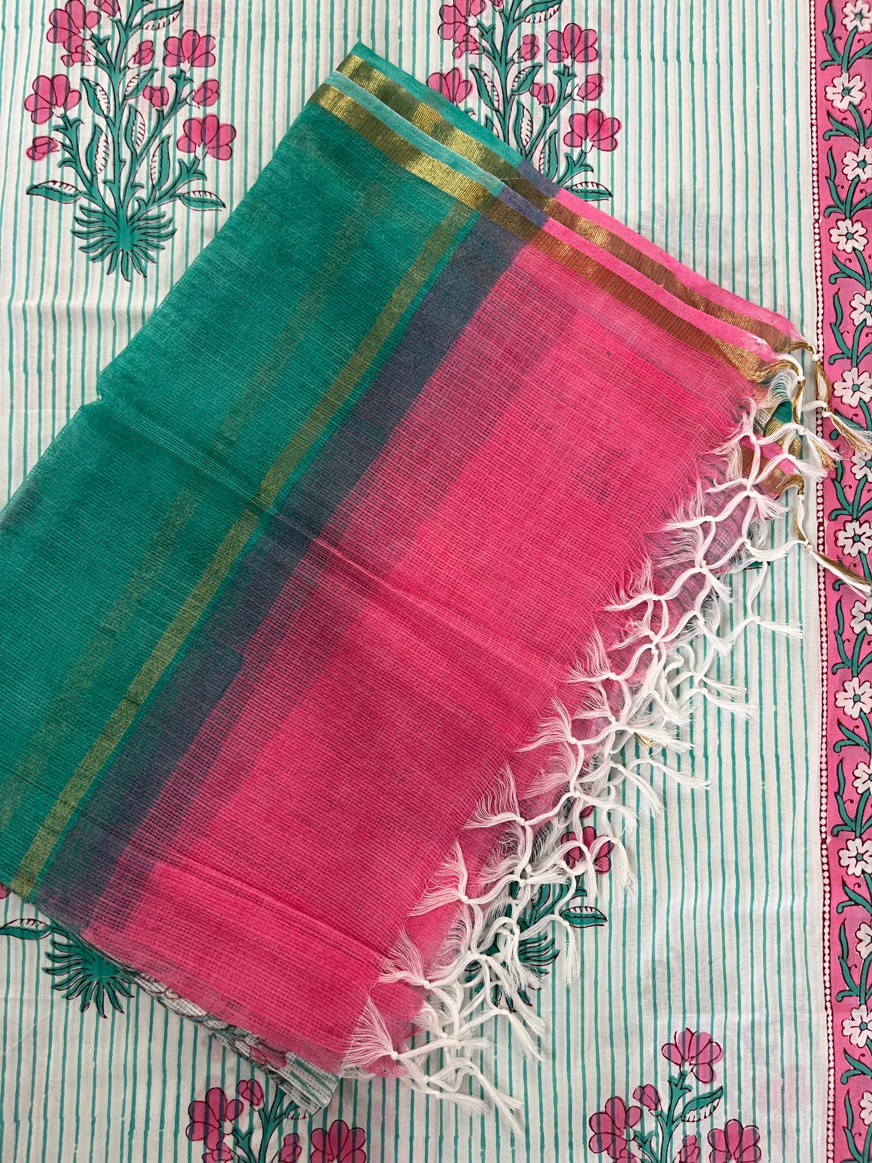 Hand Block Printed Cotton Suit with Cotton Kota Doria Dupatta Pink Green
