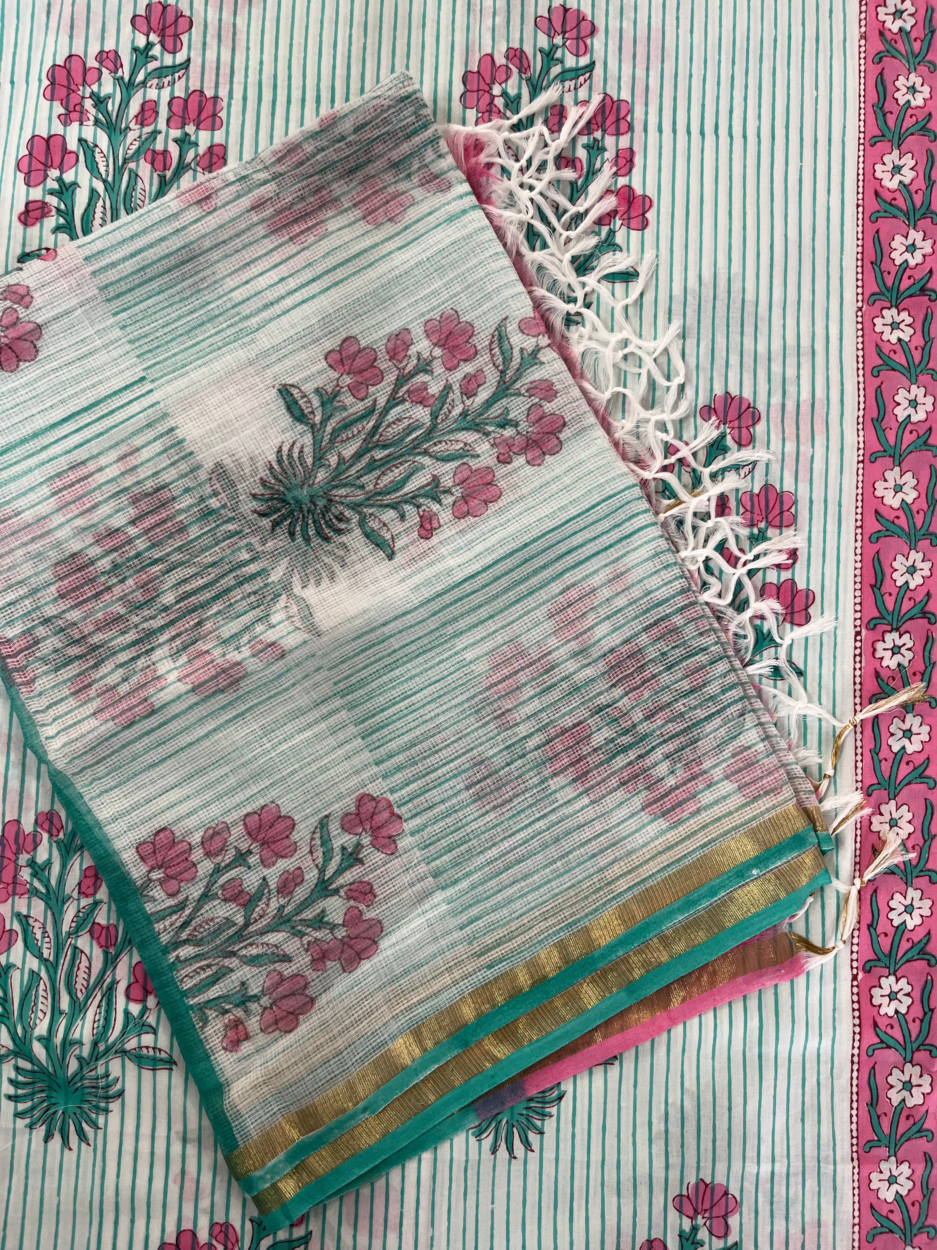 Hand Block Printed Cotton Suit with Cotton Kota Doria Dupatta Pink Green