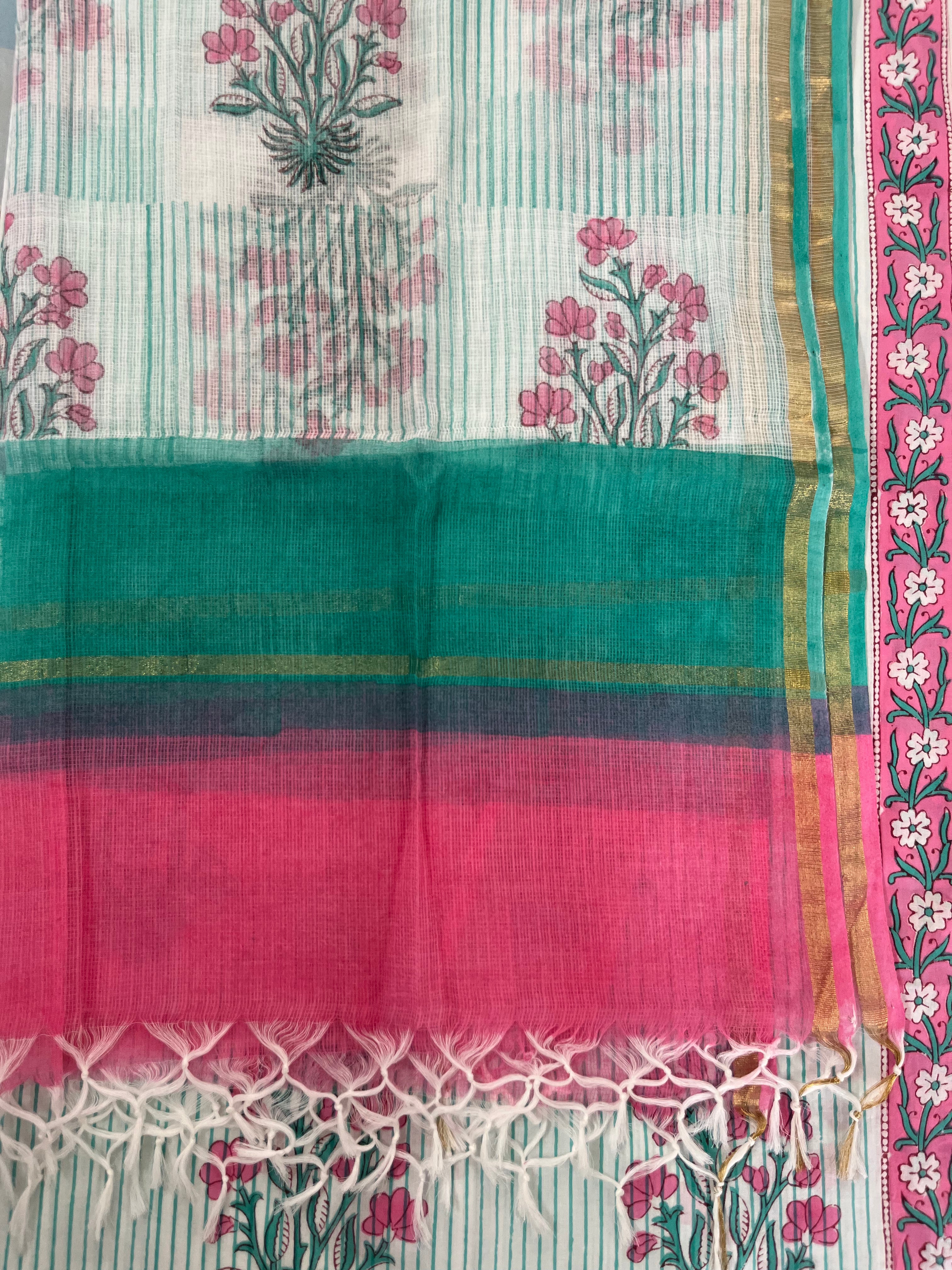 Hand Block Printed Cotton Suit with Cotton Kota Doria Dupatta Pink Green