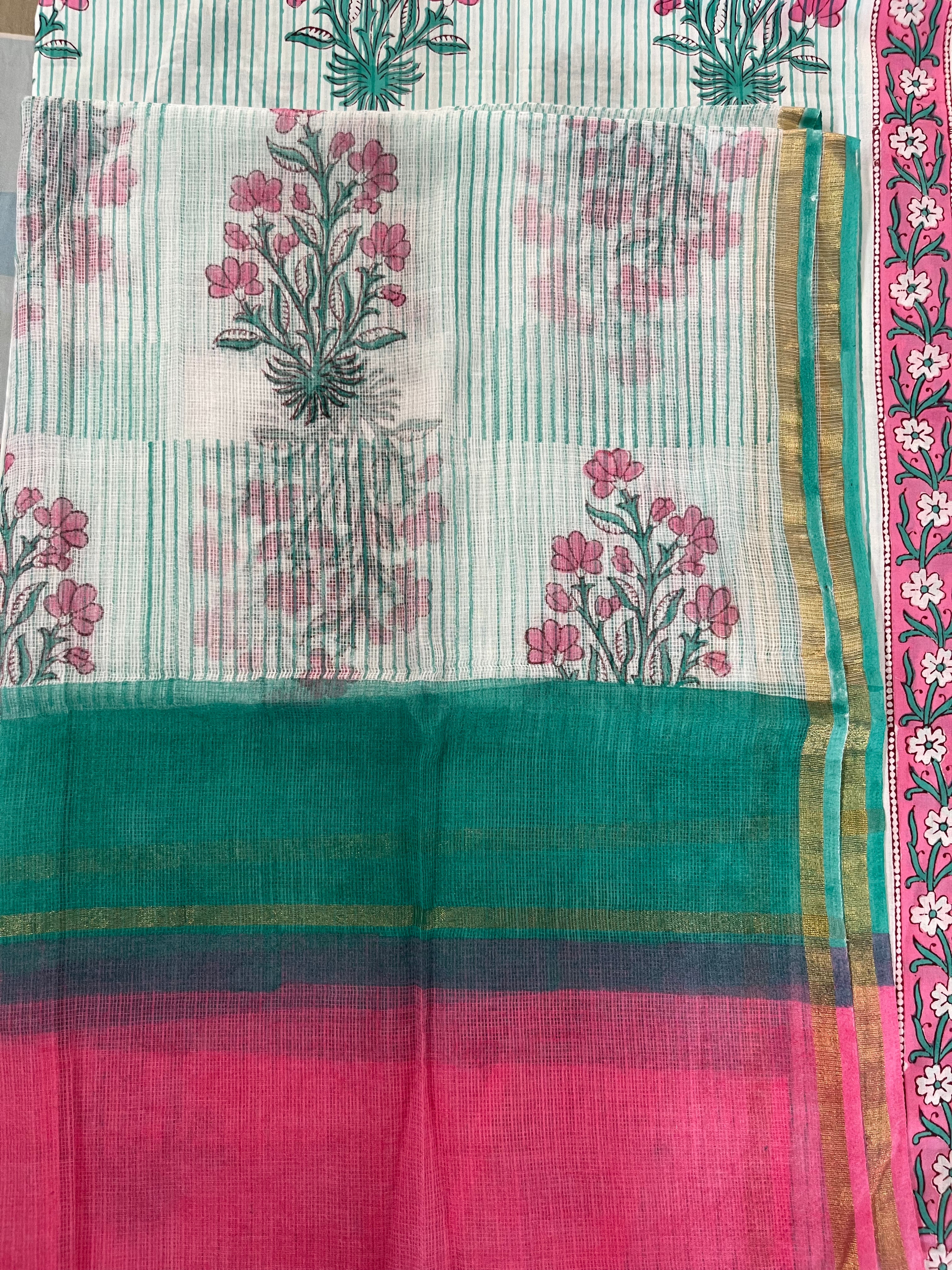 Hand Block Printed Cotton Suit with Cotton Kota Doria Dupatta Pink Green