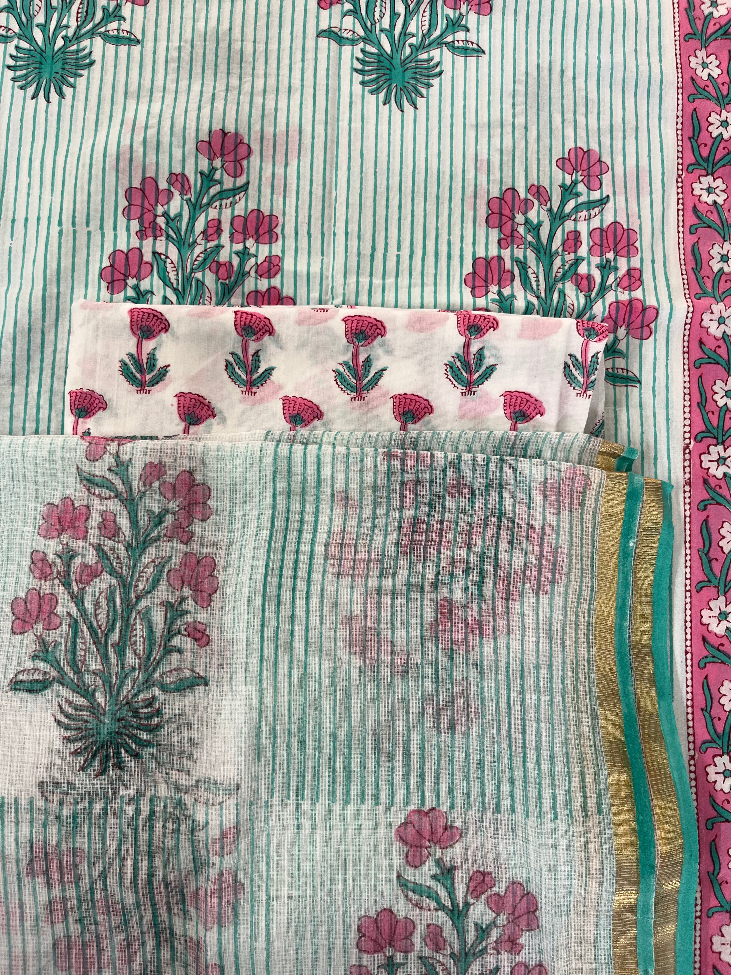 Hand Block Printed Cotton Suit with Cotton Kota Doria Dupatta Pink Green