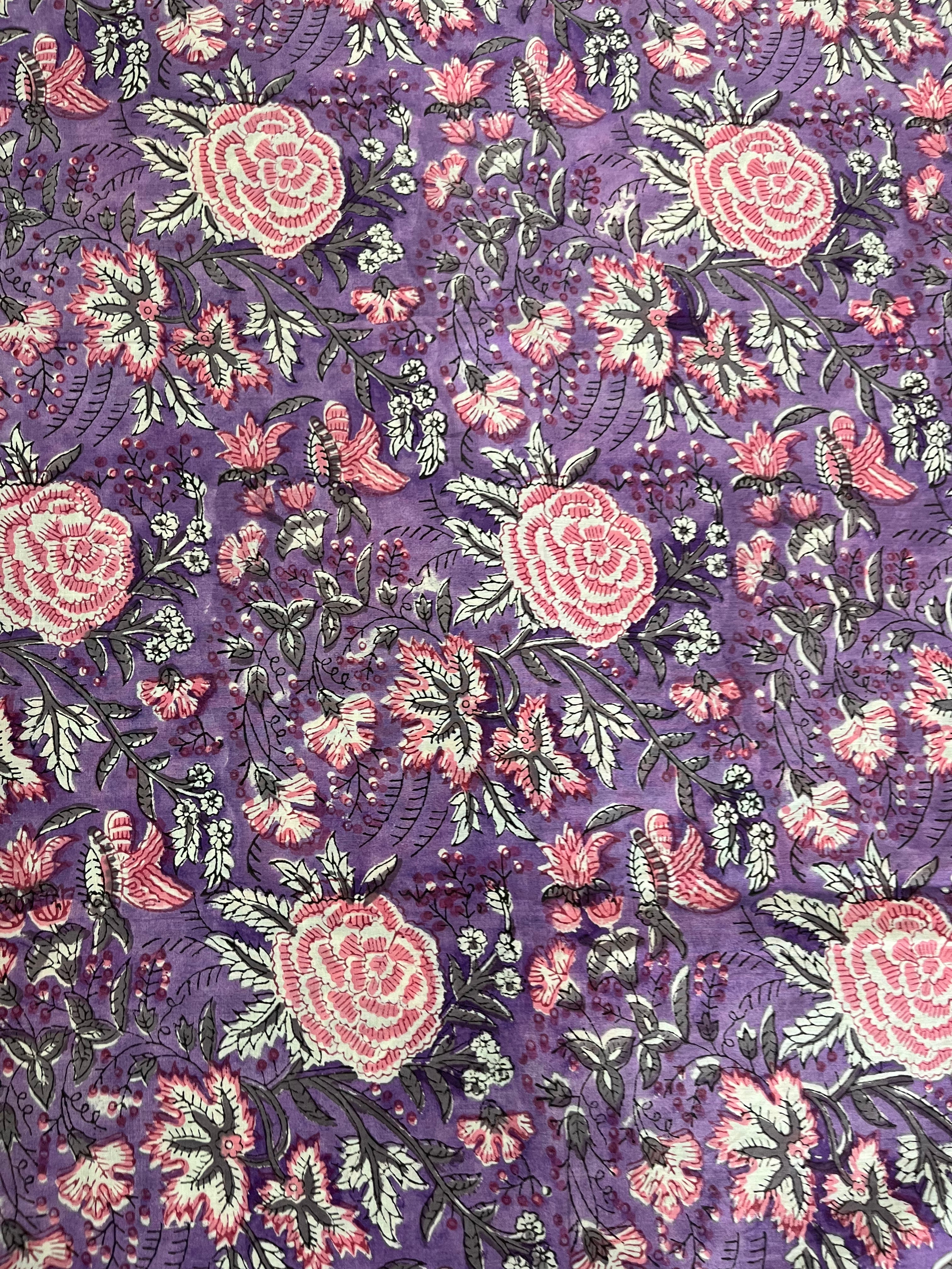 Hand Block Printed Cotton Suit with Cotton Kota Doria Dupatta Purple Pink