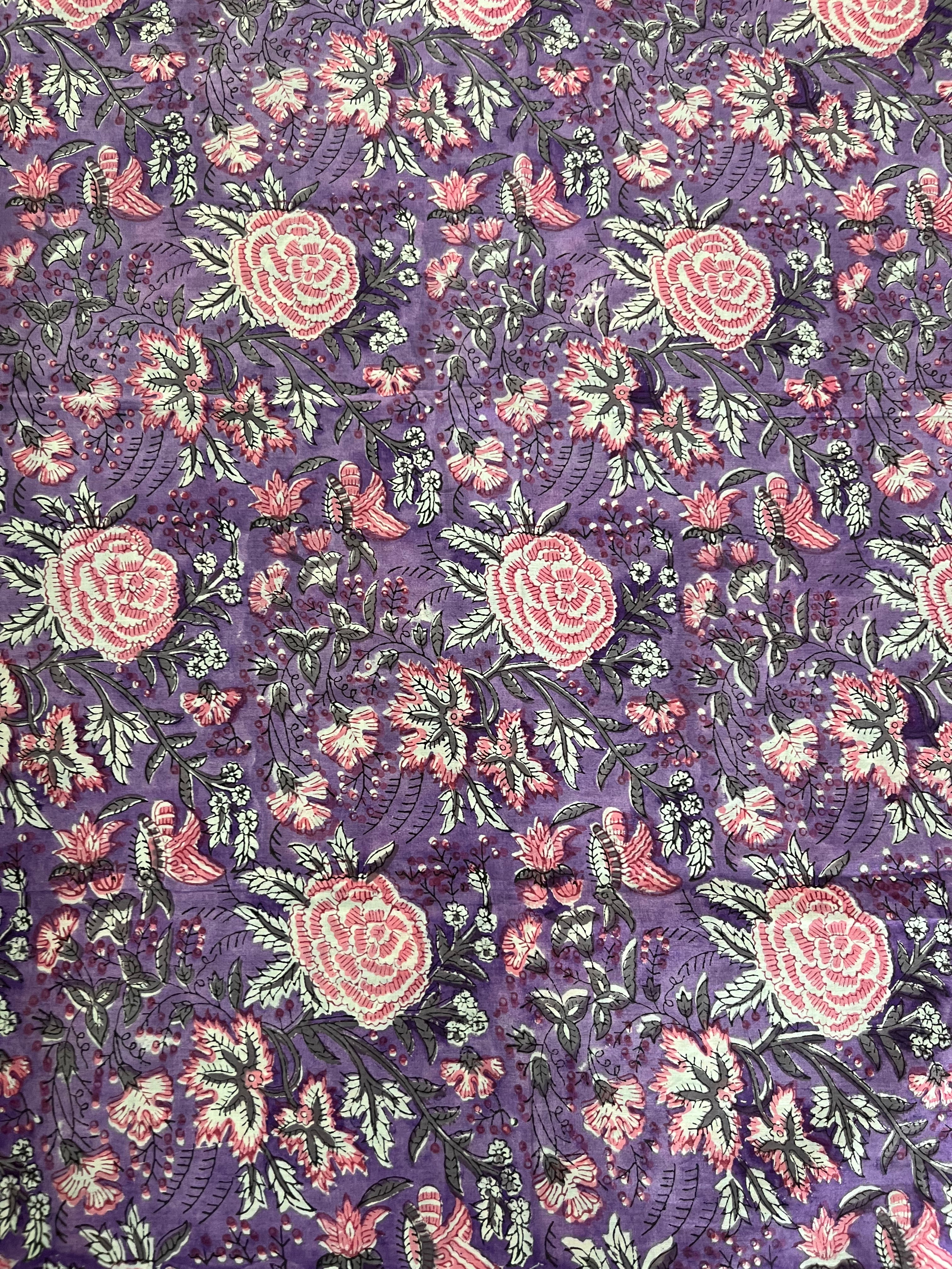Hand Block Printed Cotton Suit with Cotton Kota Doria Dupatta Purple Pink