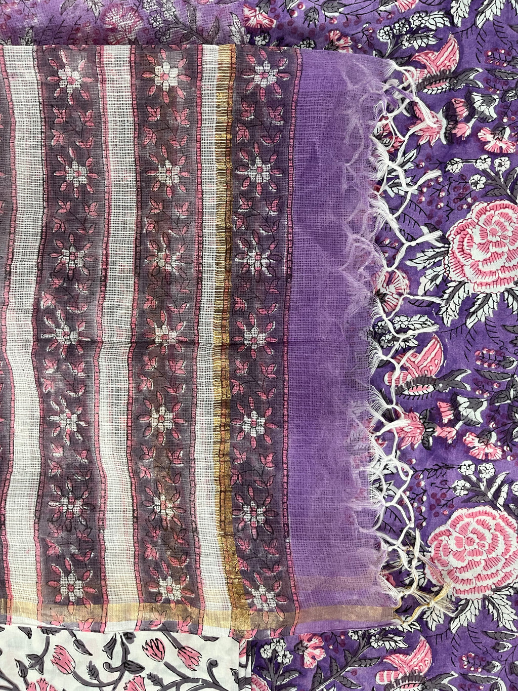 Hand Block Printed Cotton Suit with Cotton Kota Doria Dupatta Purple Pink
