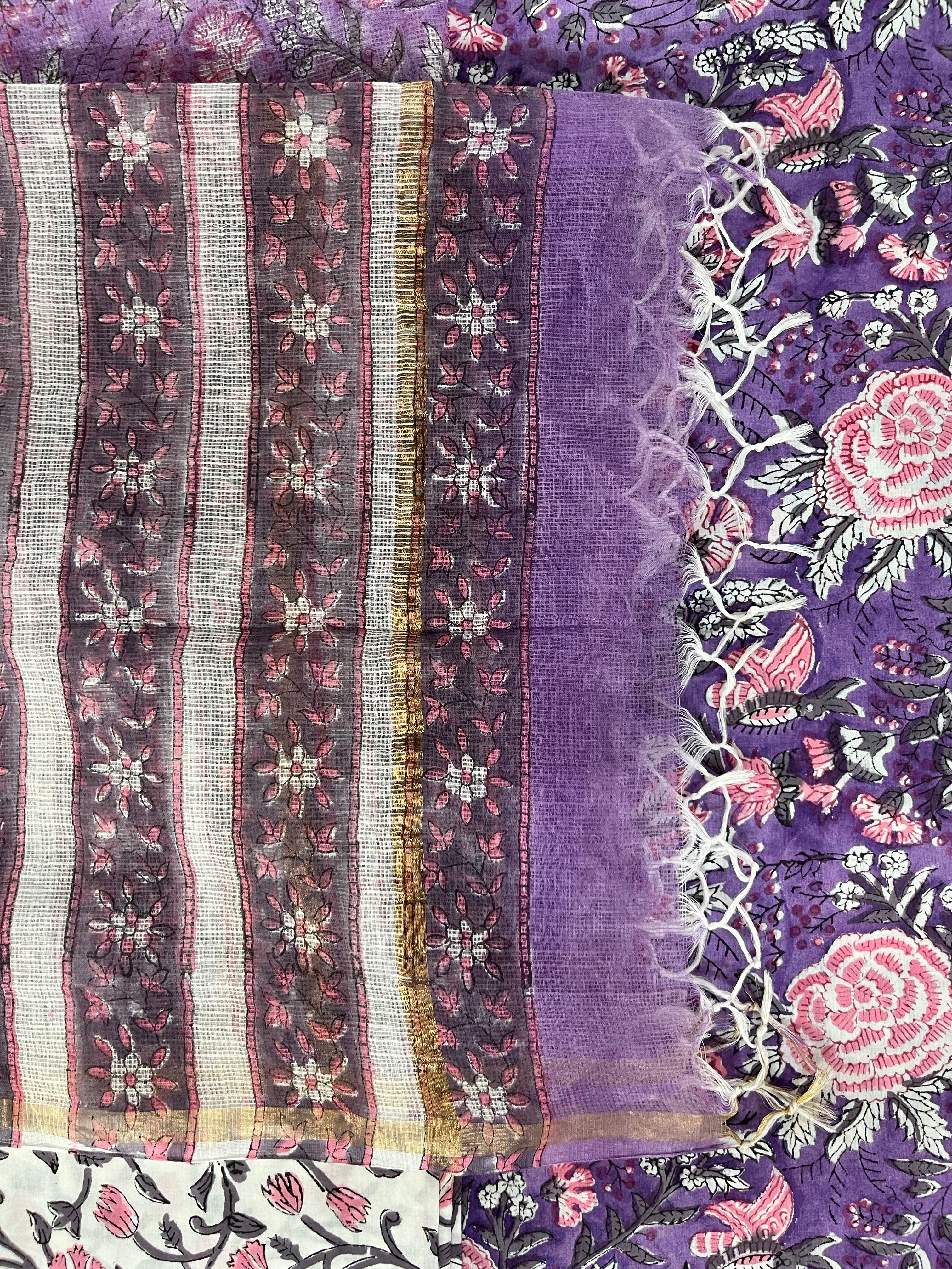 Hand Block Printed Cotton Suit with Cotton Kota Doria Dupatta Purple Pink