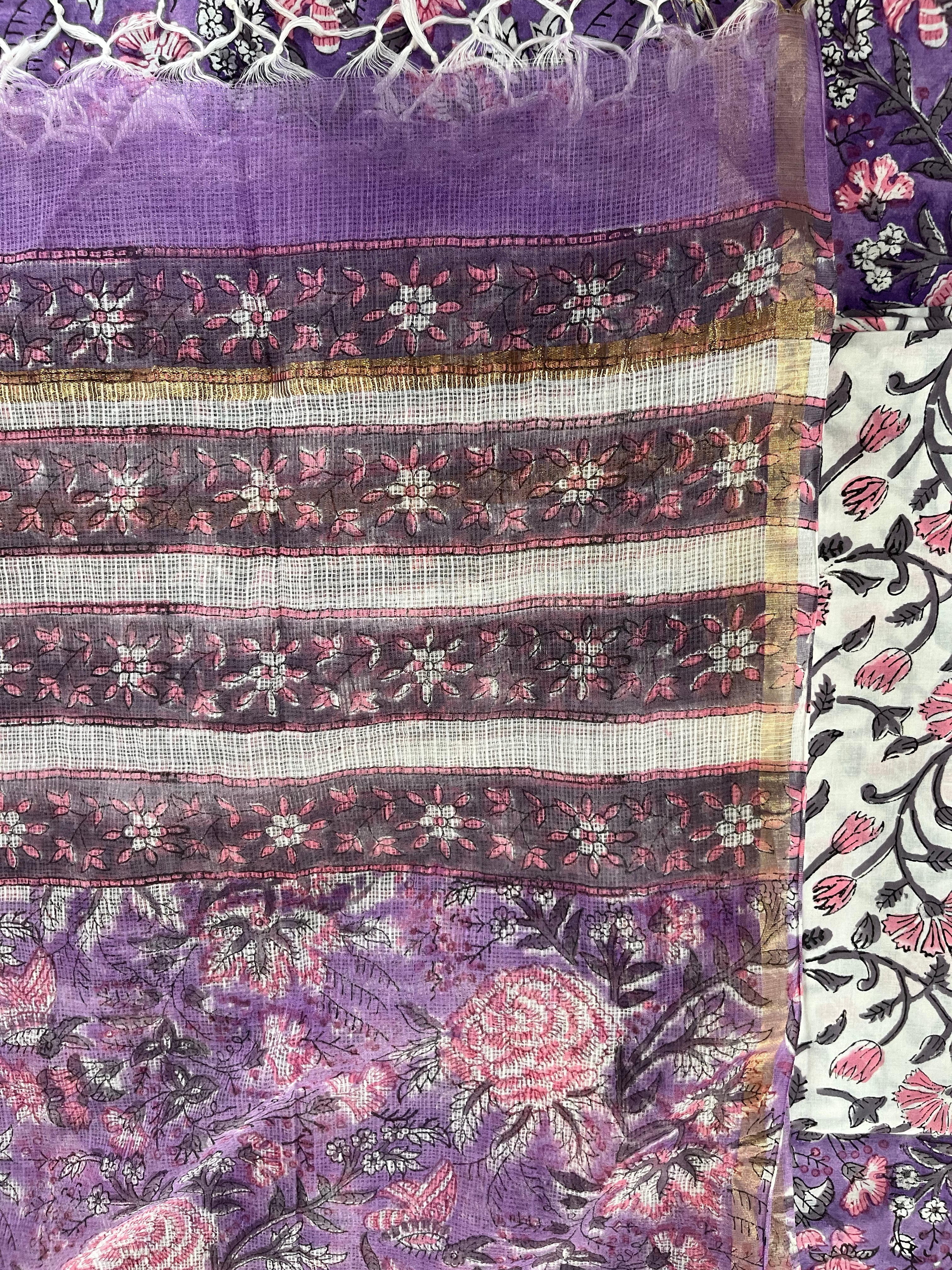 Hand Block Printed Cotton Suit with Cotton Kota Doria Dupatta Purple Pink