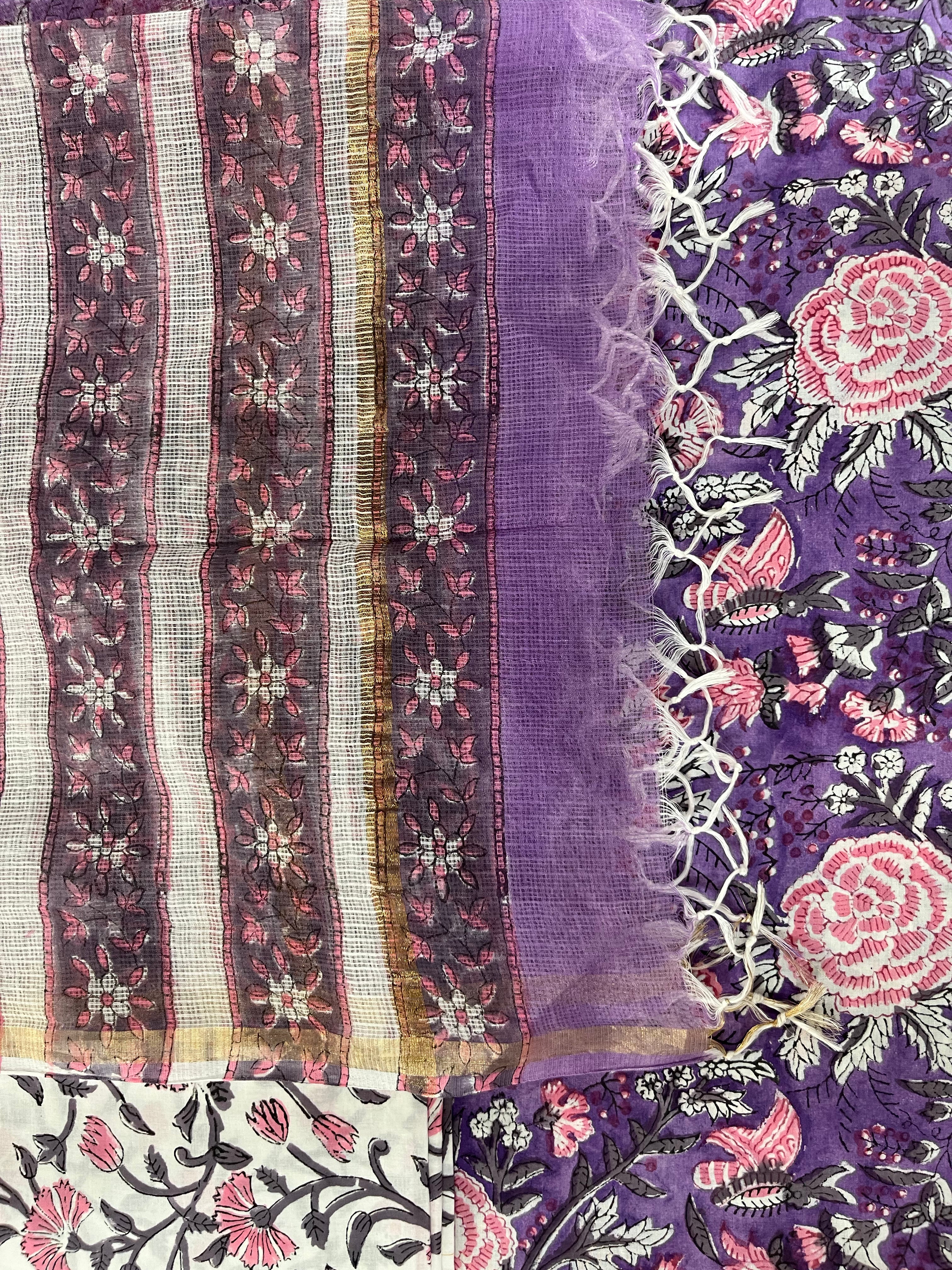 Hand Block Printed Cotton Suit with Cotton Kota Doria Dupatta Purple Pink