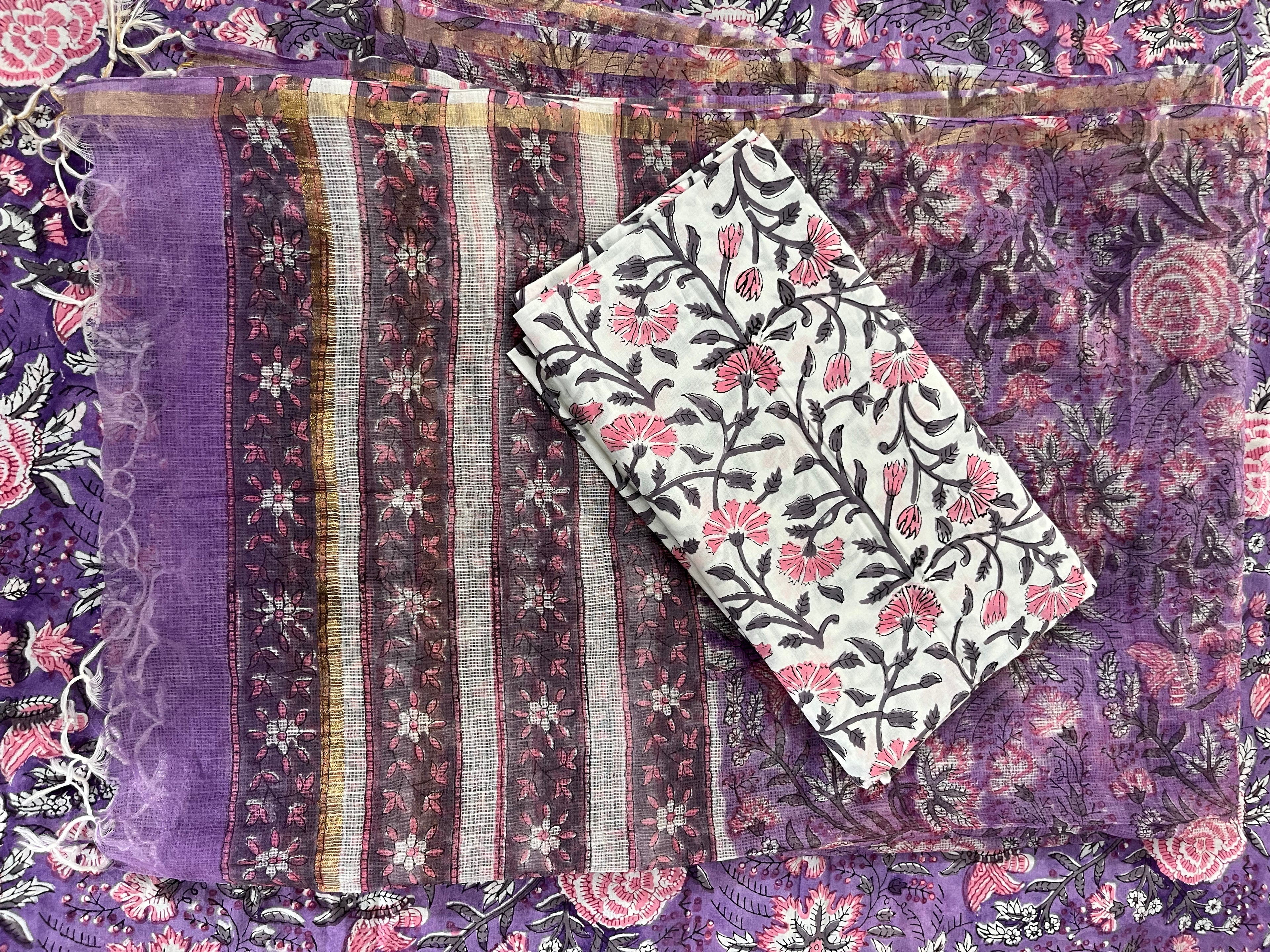 Hand Block Printed Cotton Suit with Cotton Kota Doria Dupatta Purple Pink