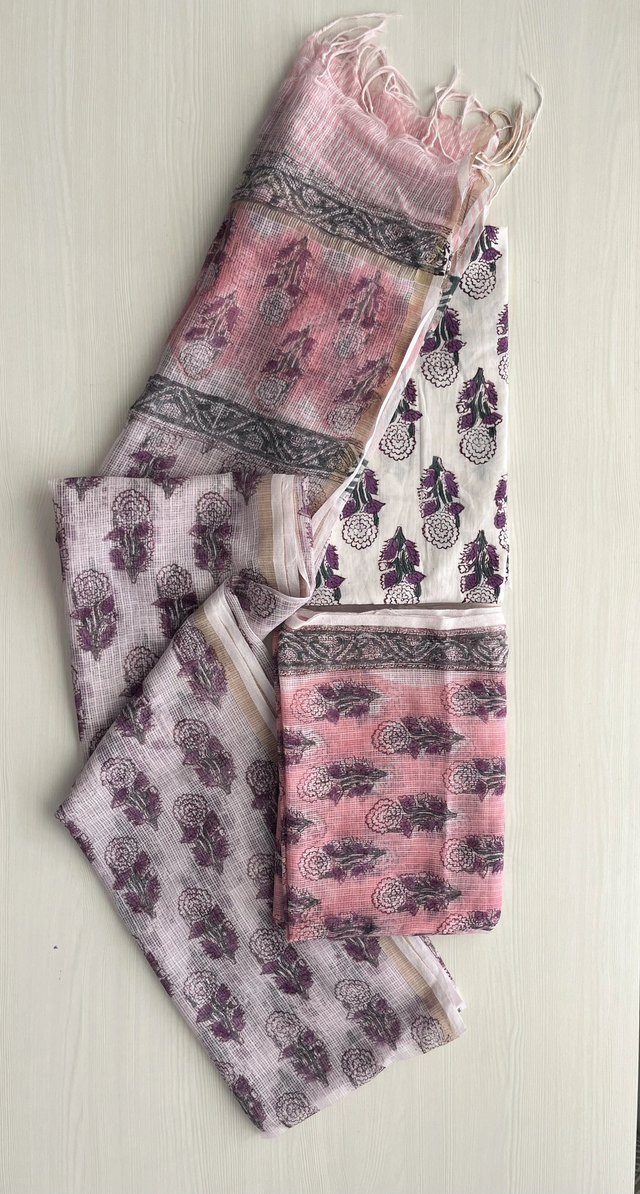 Hand Block Printed Full Kota Suit Pink Flora