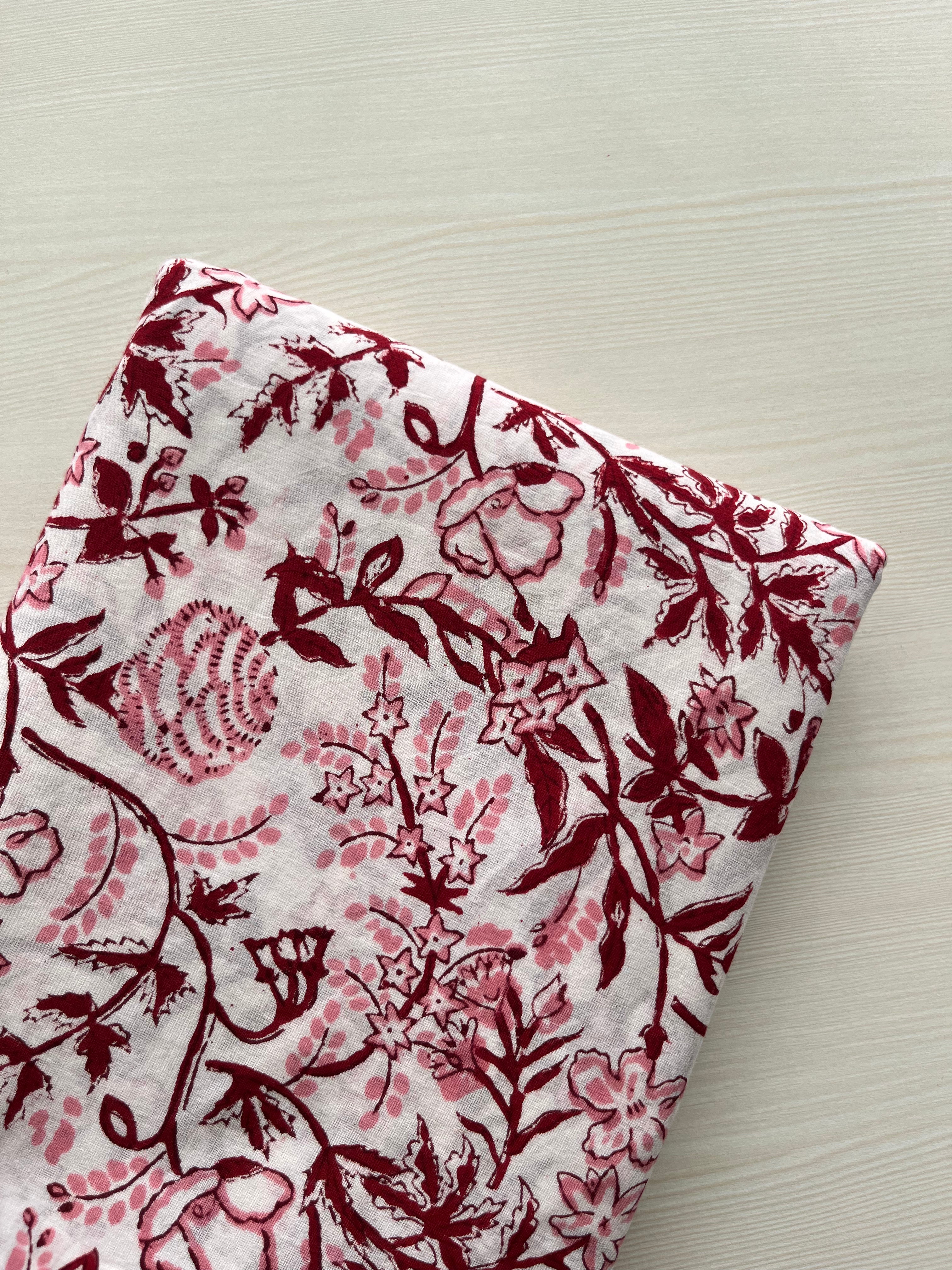 Hand Block Printed Pure Cotton Fabric Crimson Petals