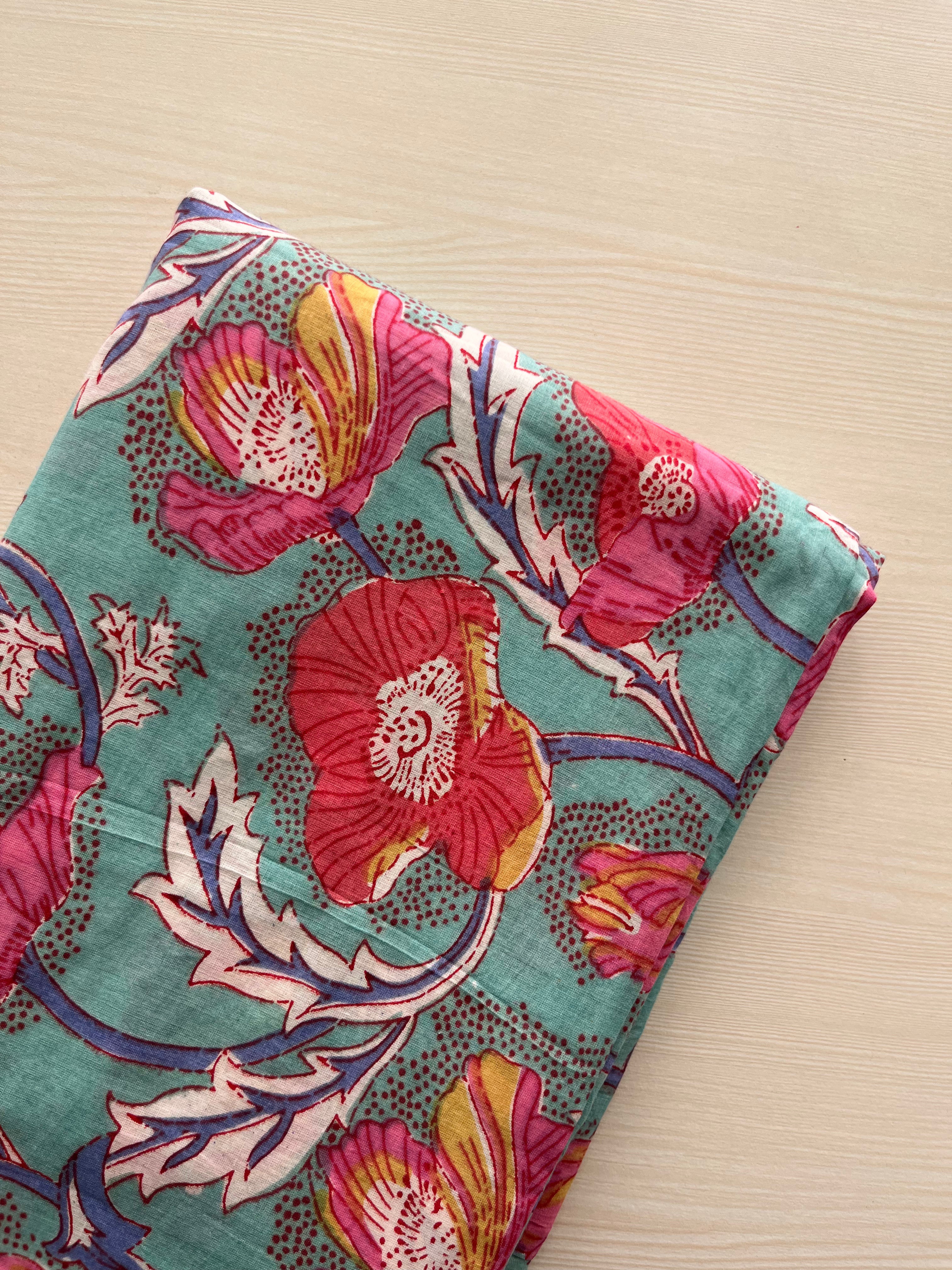 Hand Block Printed Pure Cotton Fabric Indigo Garden