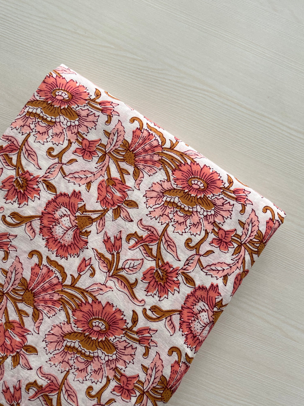 Hand Block Printed Pure Cotton Fabric Coral Bouquet