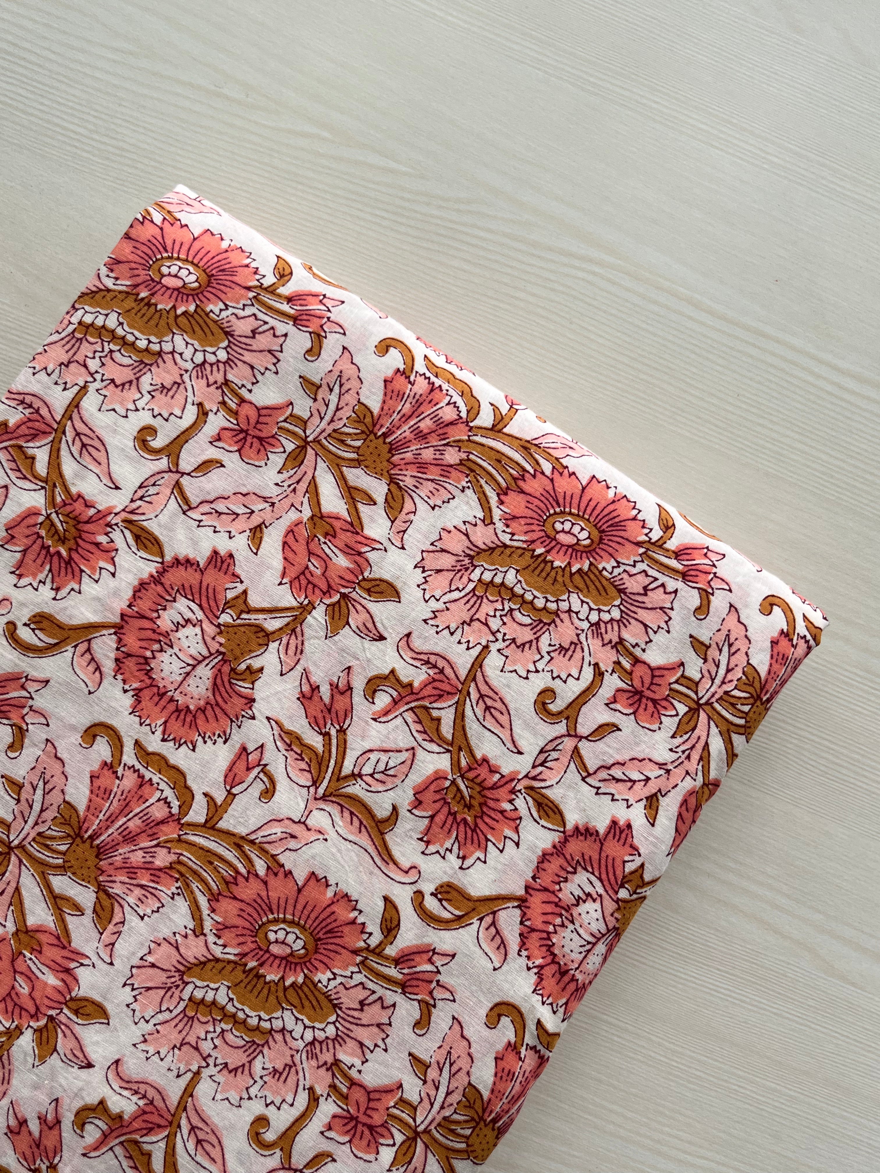 Hand Block Printed Pure Cotton Fabric Coral Bouquet