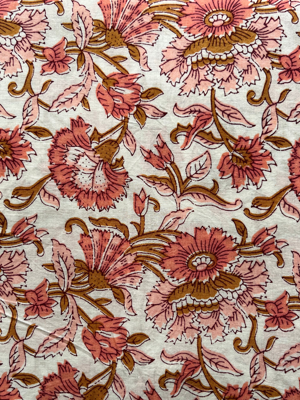 Hand Block Printed Pure Cotton Fabric Coral Bouquet