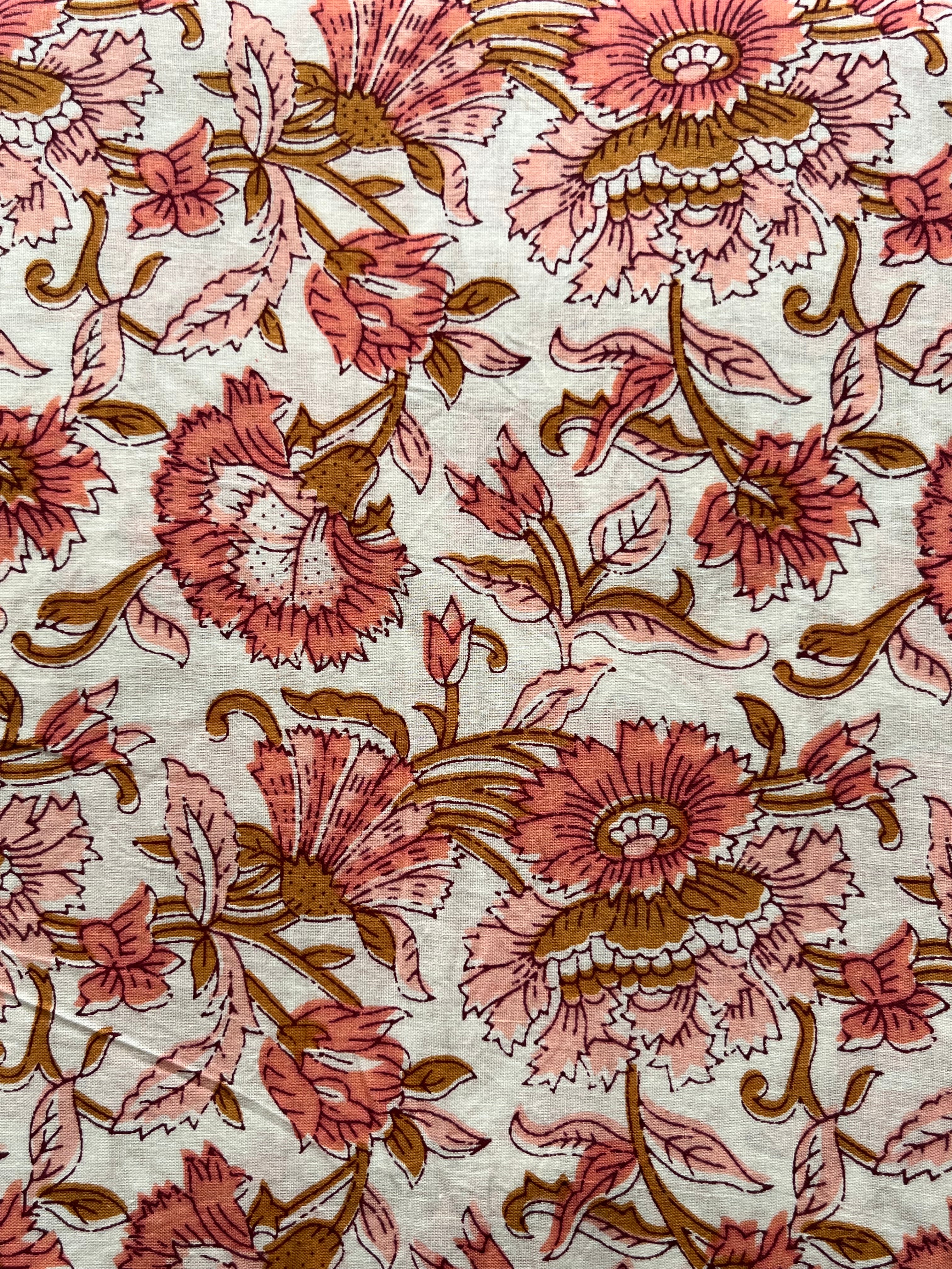 Hand Block Printed Pure Cotton Fabric Coral Bouquet