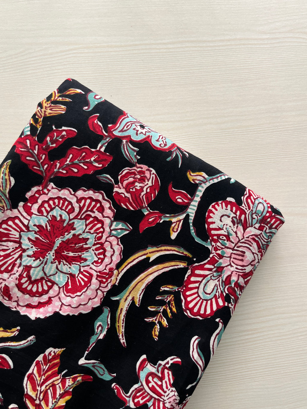 Hand Block Printed Pure Cotton Fabric Aqua Poppies