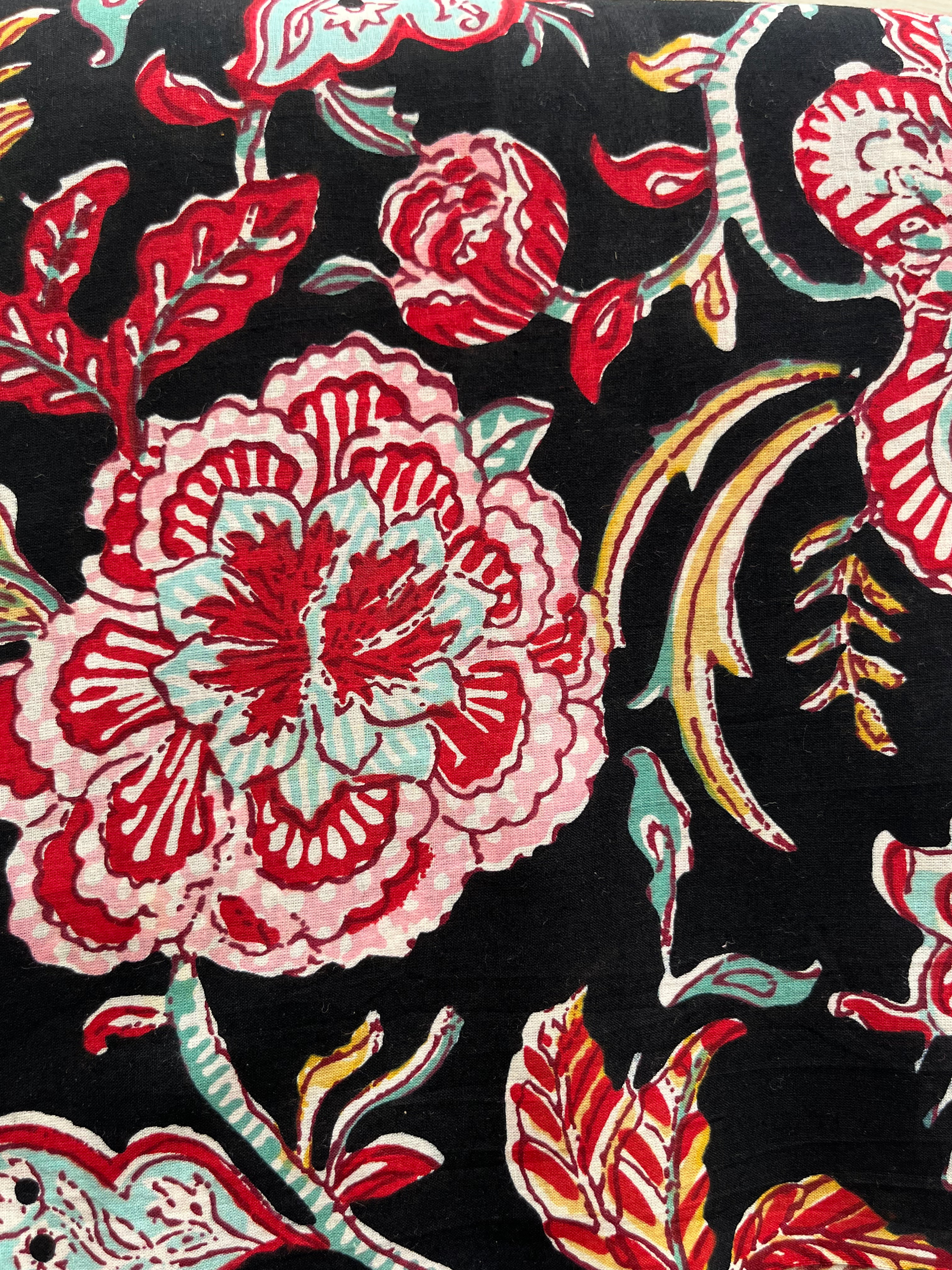 Hand Block Printed Pure Cotton Fabric Aqua Poppies