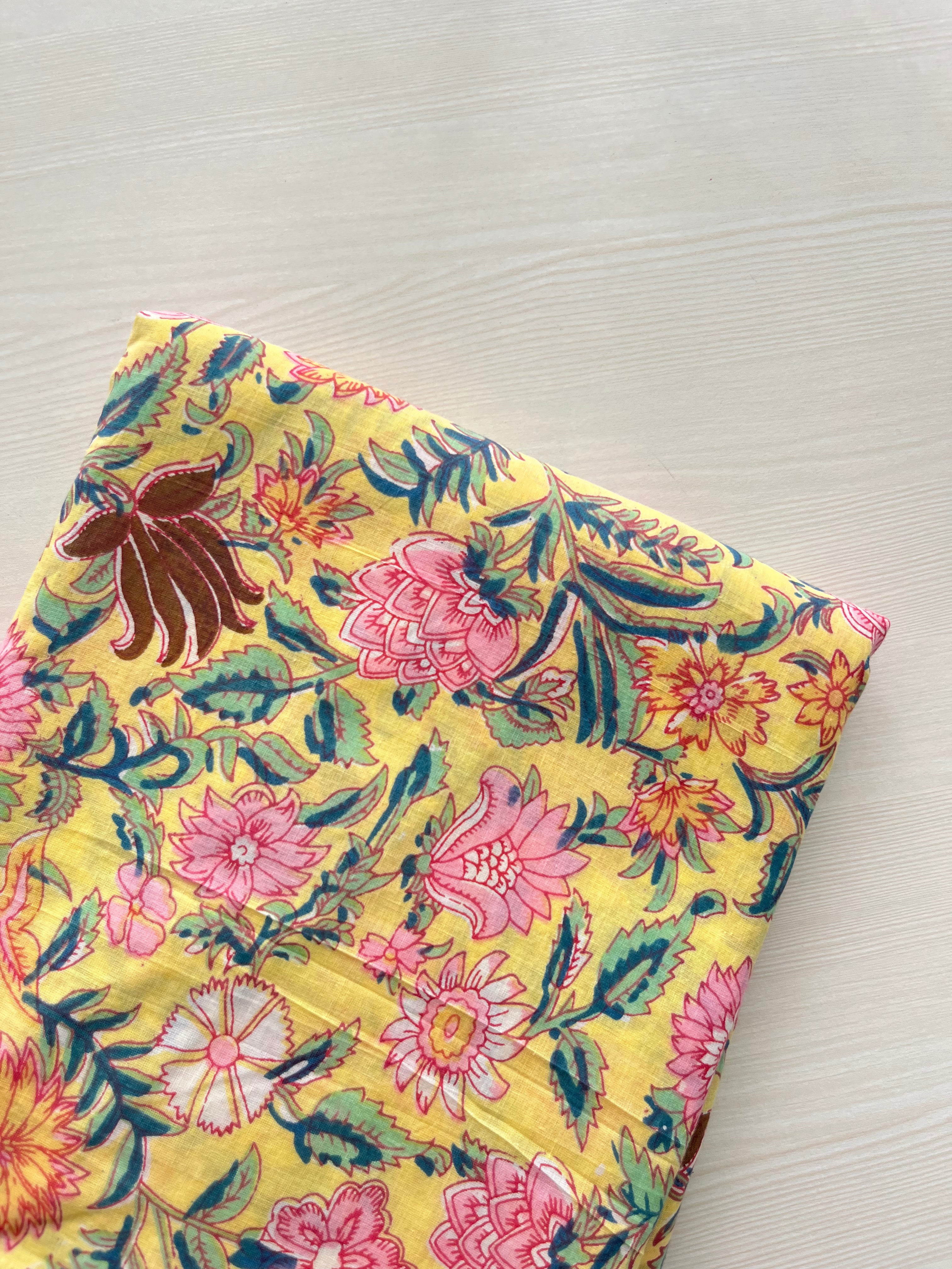 Hand Block Printed Pure Cotton Fabric Golden Blossom