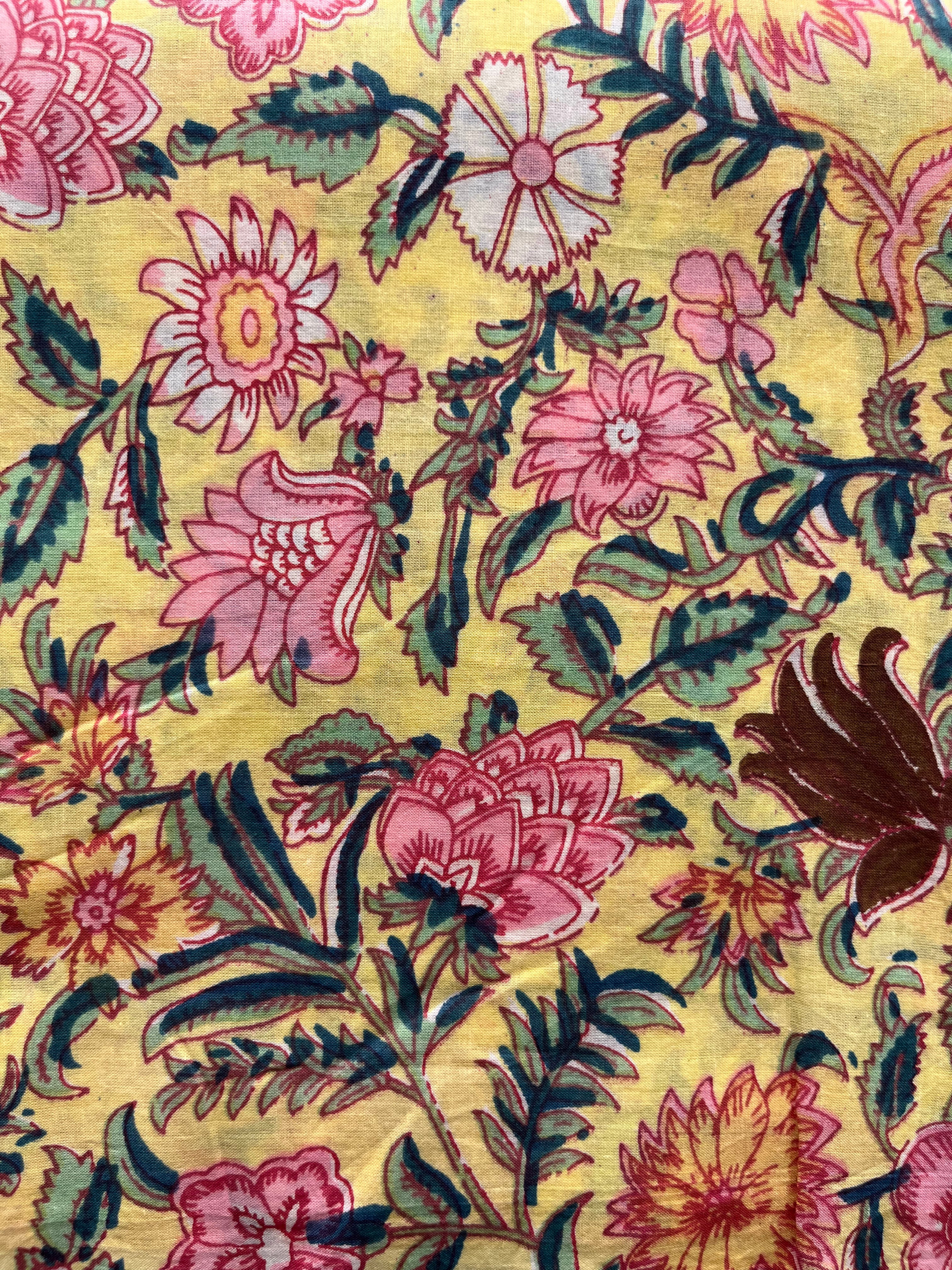 Hand Block Printed Pure Cotton Fabric Golden Blossom