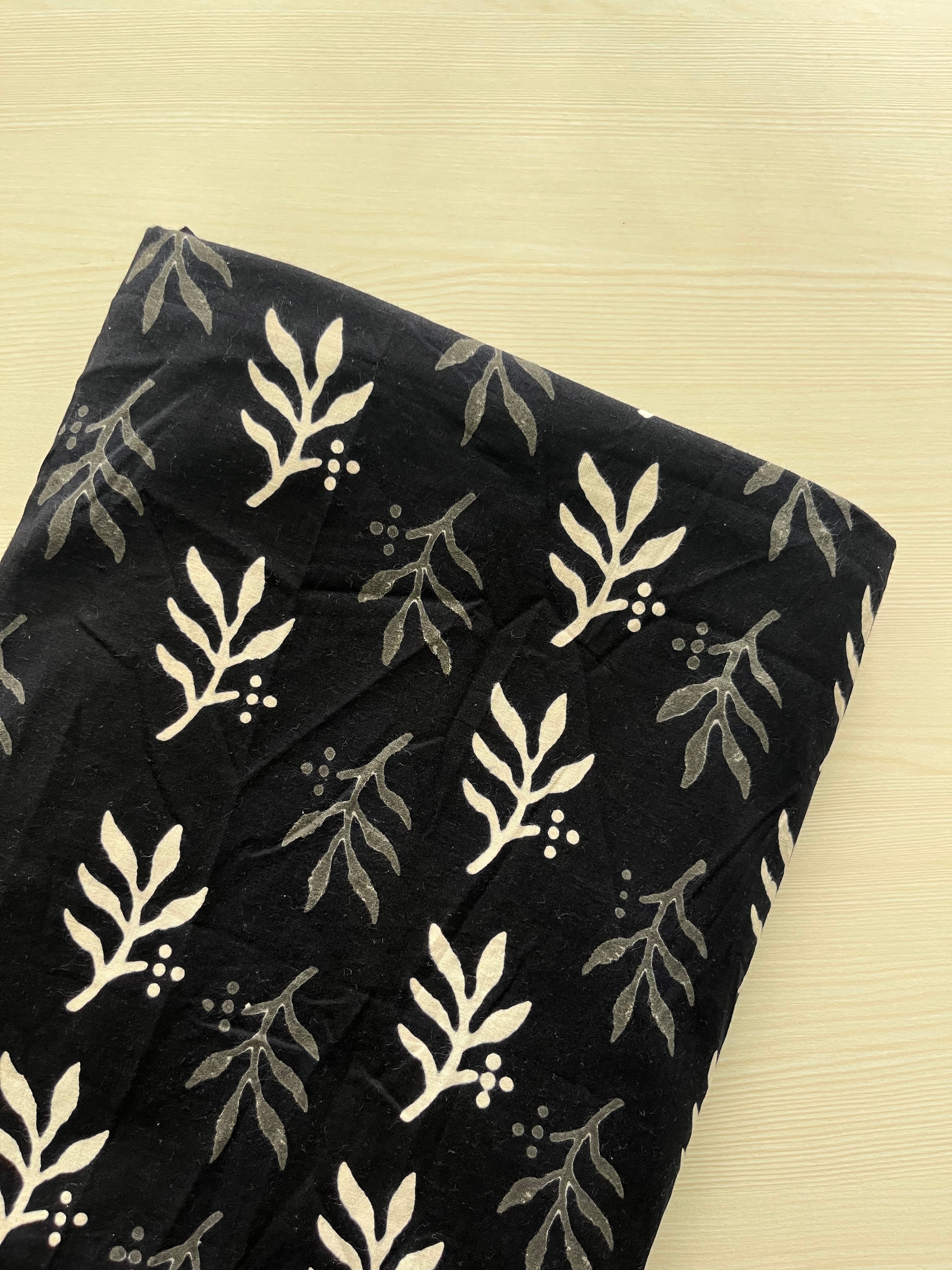 Hand Block Printed Pure Cotton Fabric Black Thistle