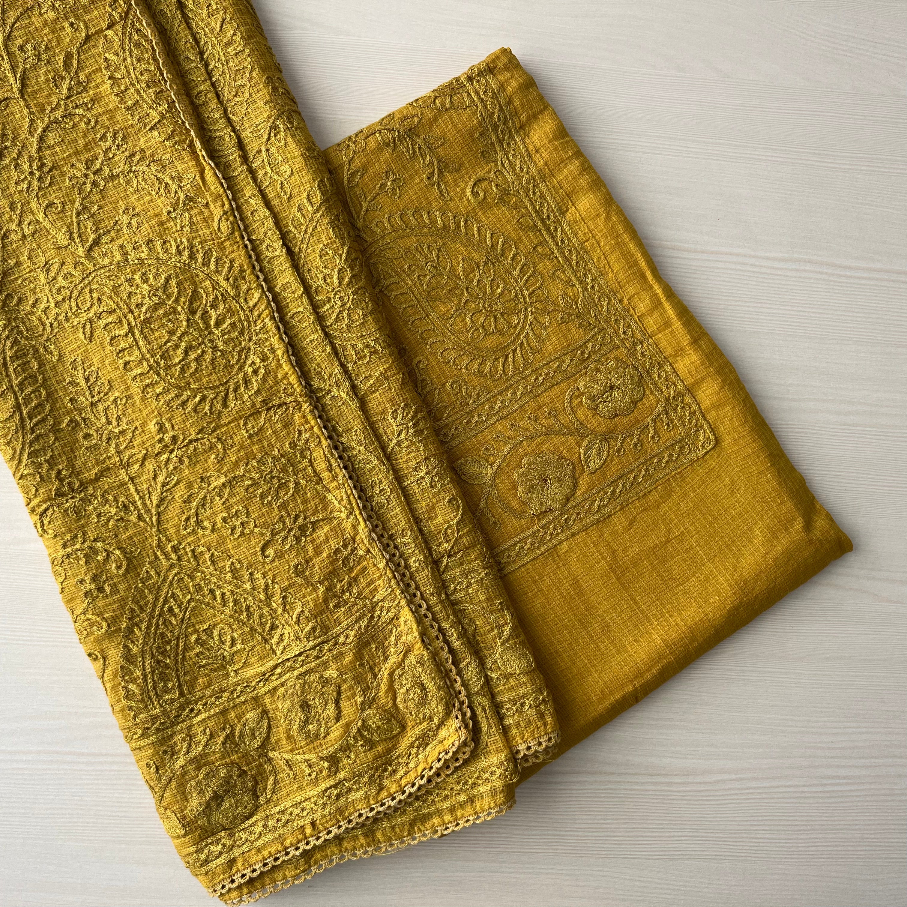 Designer Net Kota Embroidered Suit Set - Heavy Work Top & Full Embroidery Dupatta Mustard Yellow