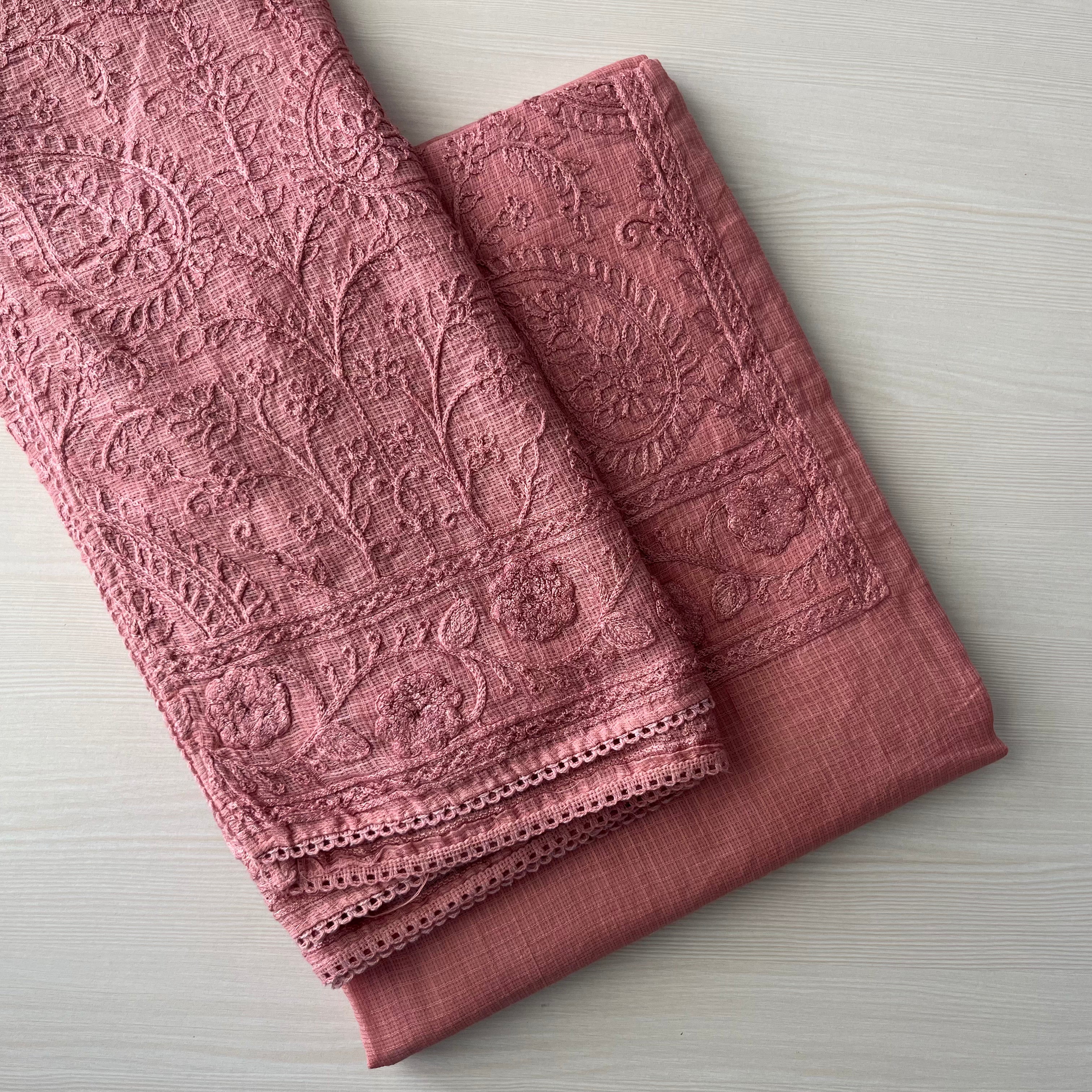 Designer Net Kota Embroidered Suit Set - Heavy Work Top & Full Embroidery Dupatta Peach Pink