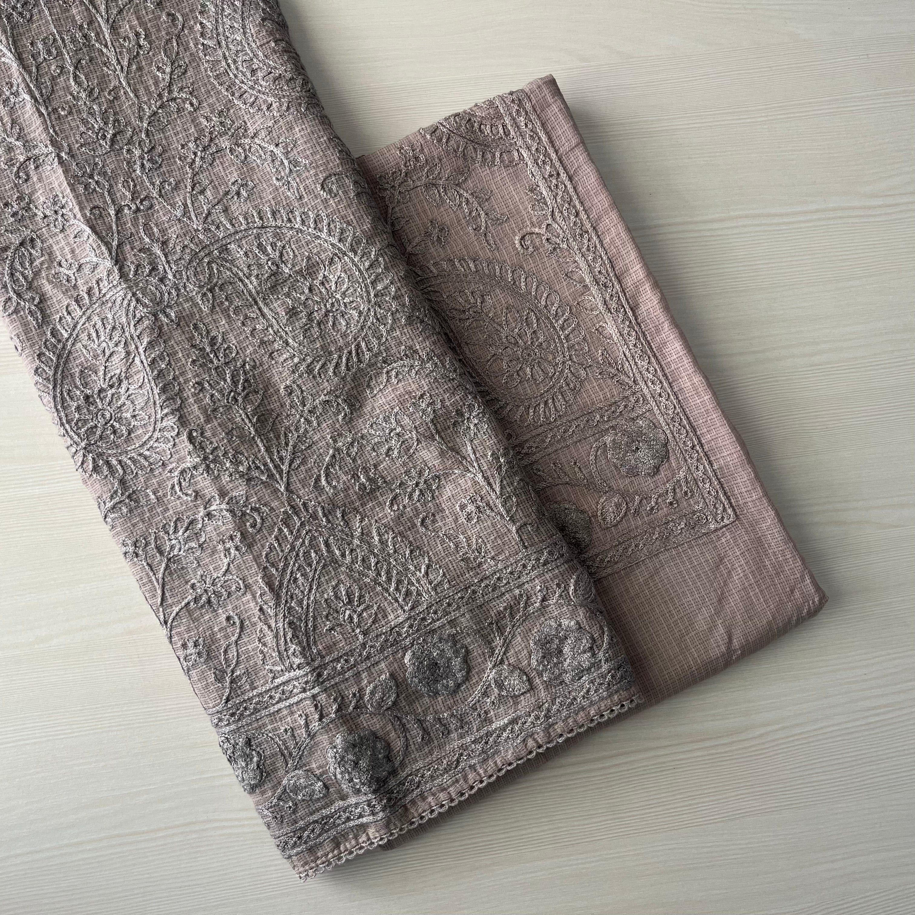 Designer Net Kota Embroidered Suit Set - Heavy Work Top & Full Embroidery Dupatta Brownish Grey