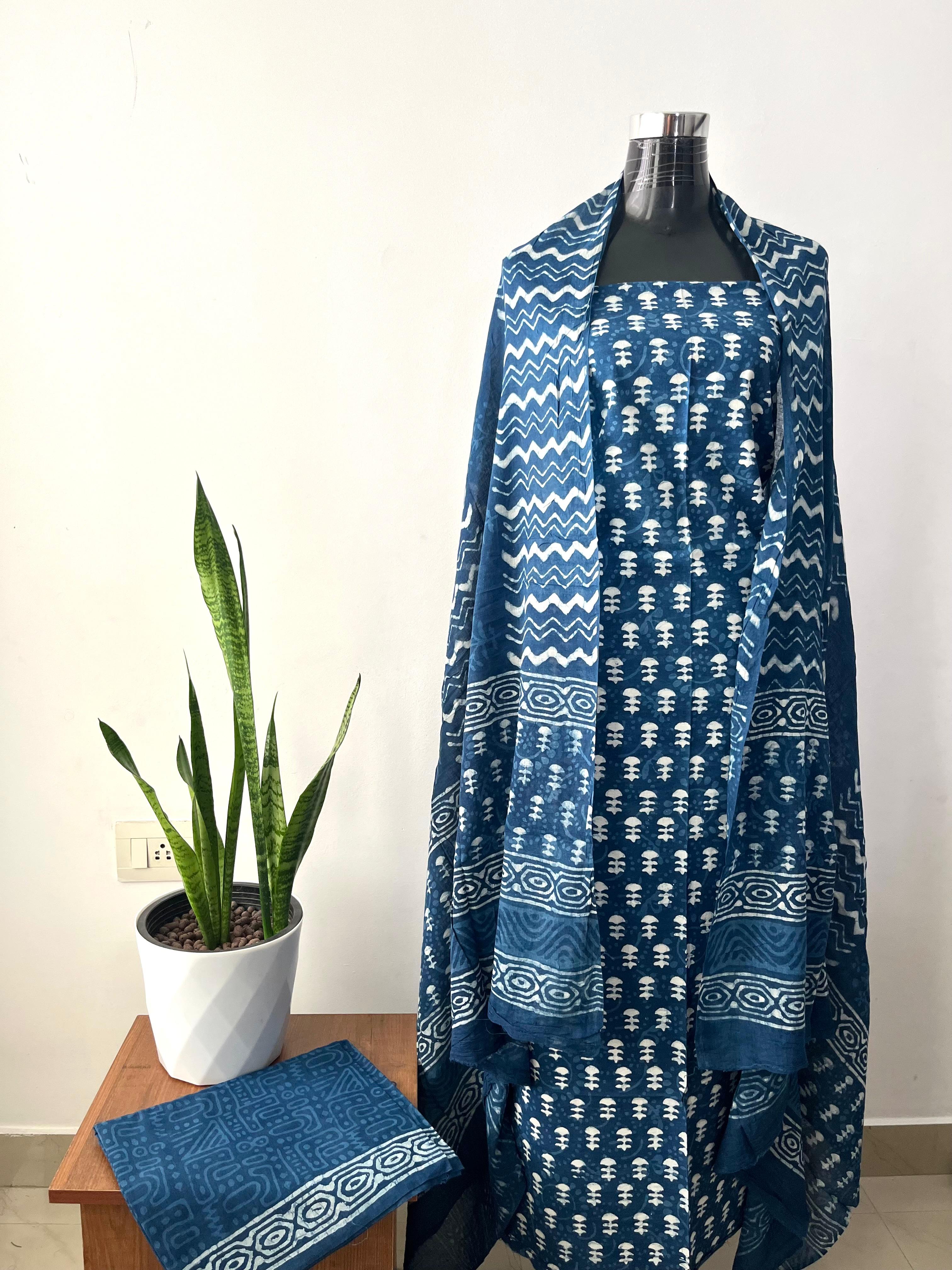Indigo Calm – Pure Cotton Indigo Handblock Printed Suit Material