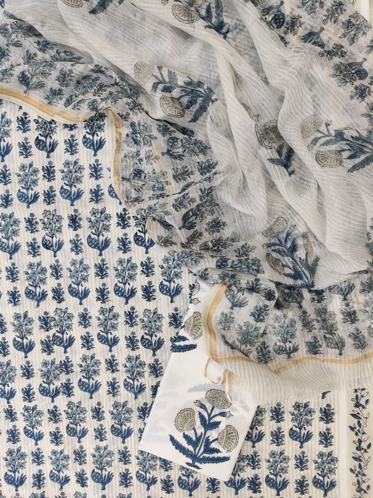 Hand Block Printed Cotton Suit with Cotton Kota Doria Dupatta Indigo Garden
