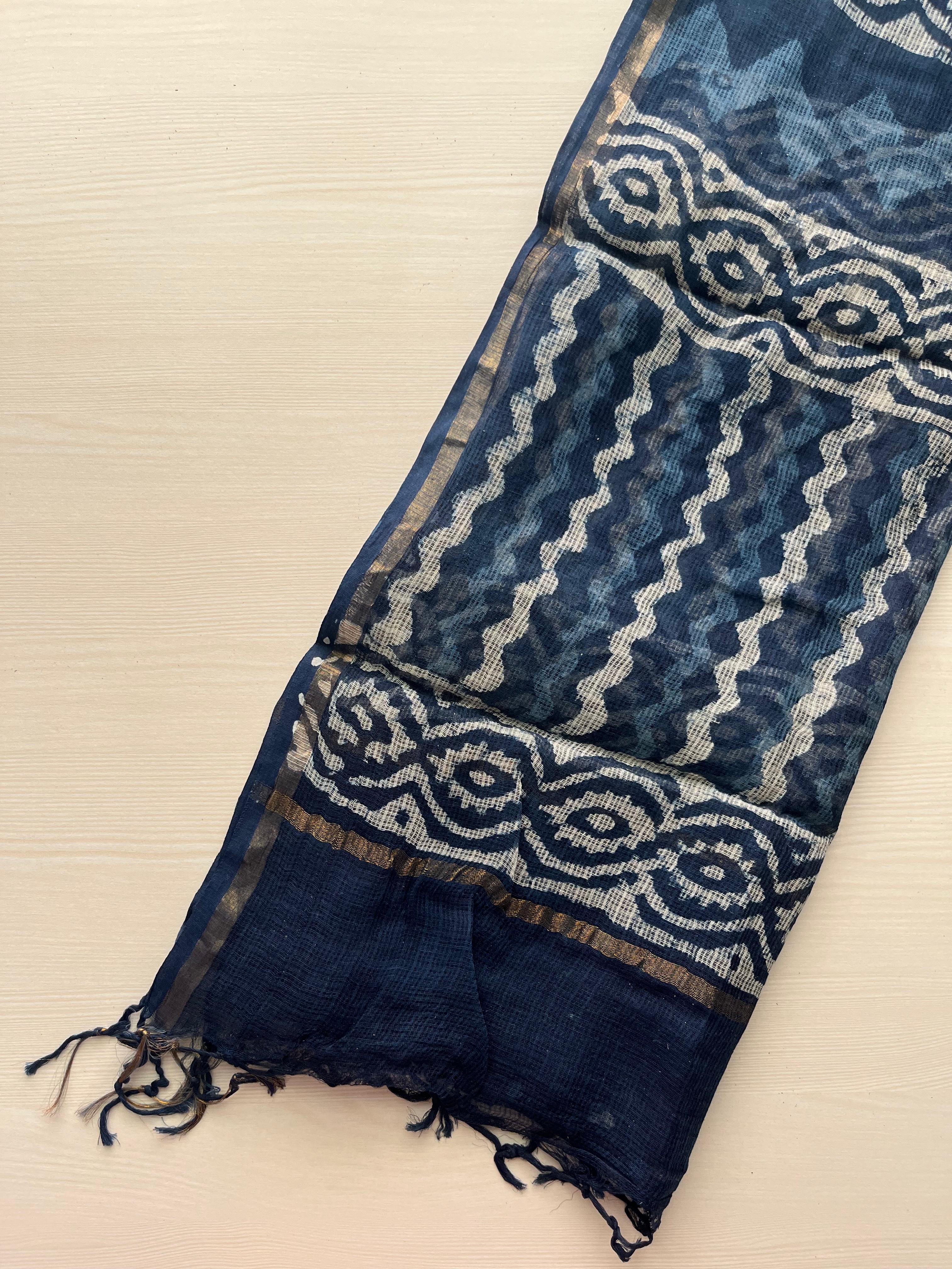 Hand Block Printed Full Kota Suit Indigo Waves