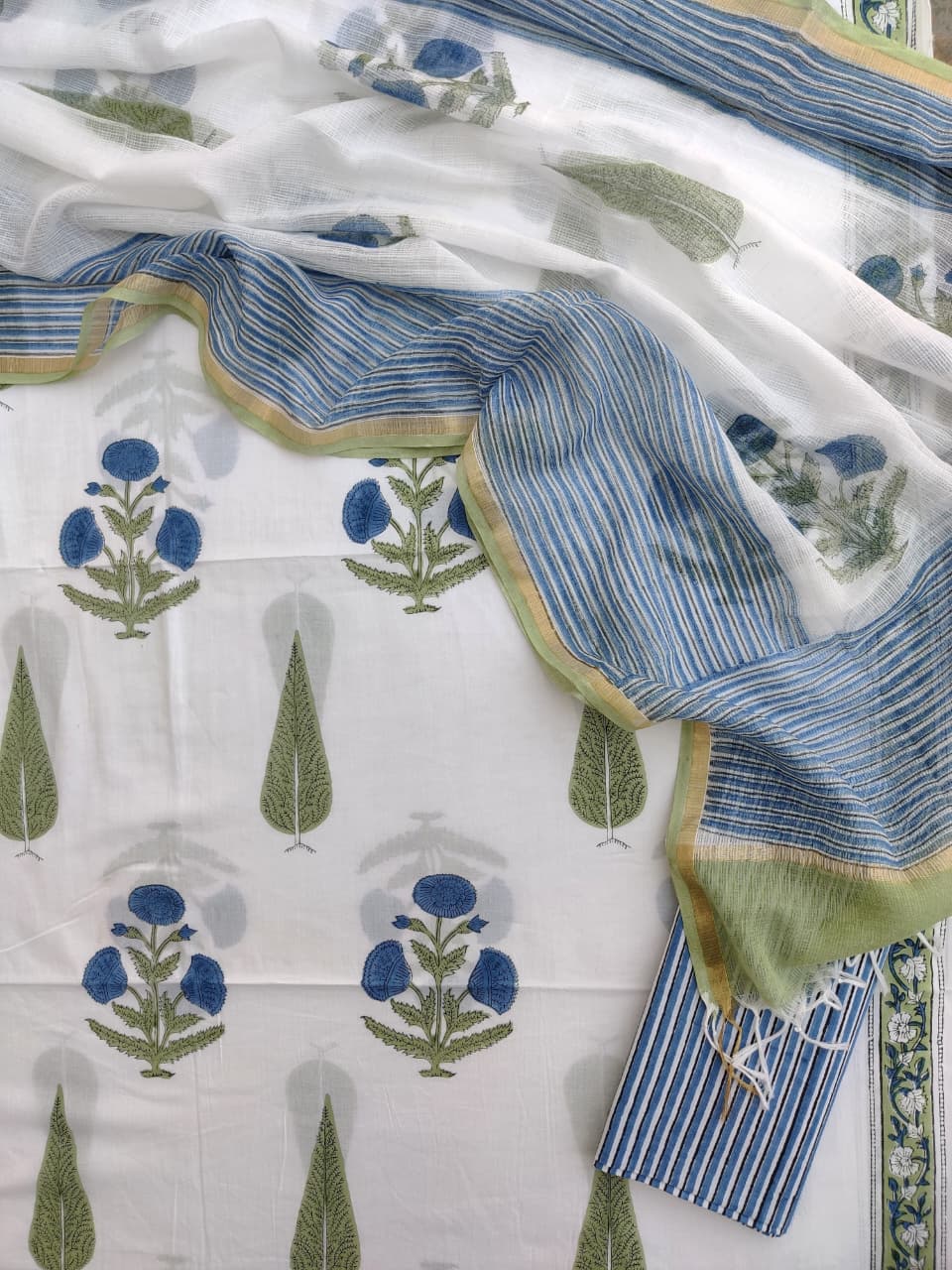 Hand Block Printed Cotton Suit with Cotton Kota Doria Dupatta Meadow Breeze