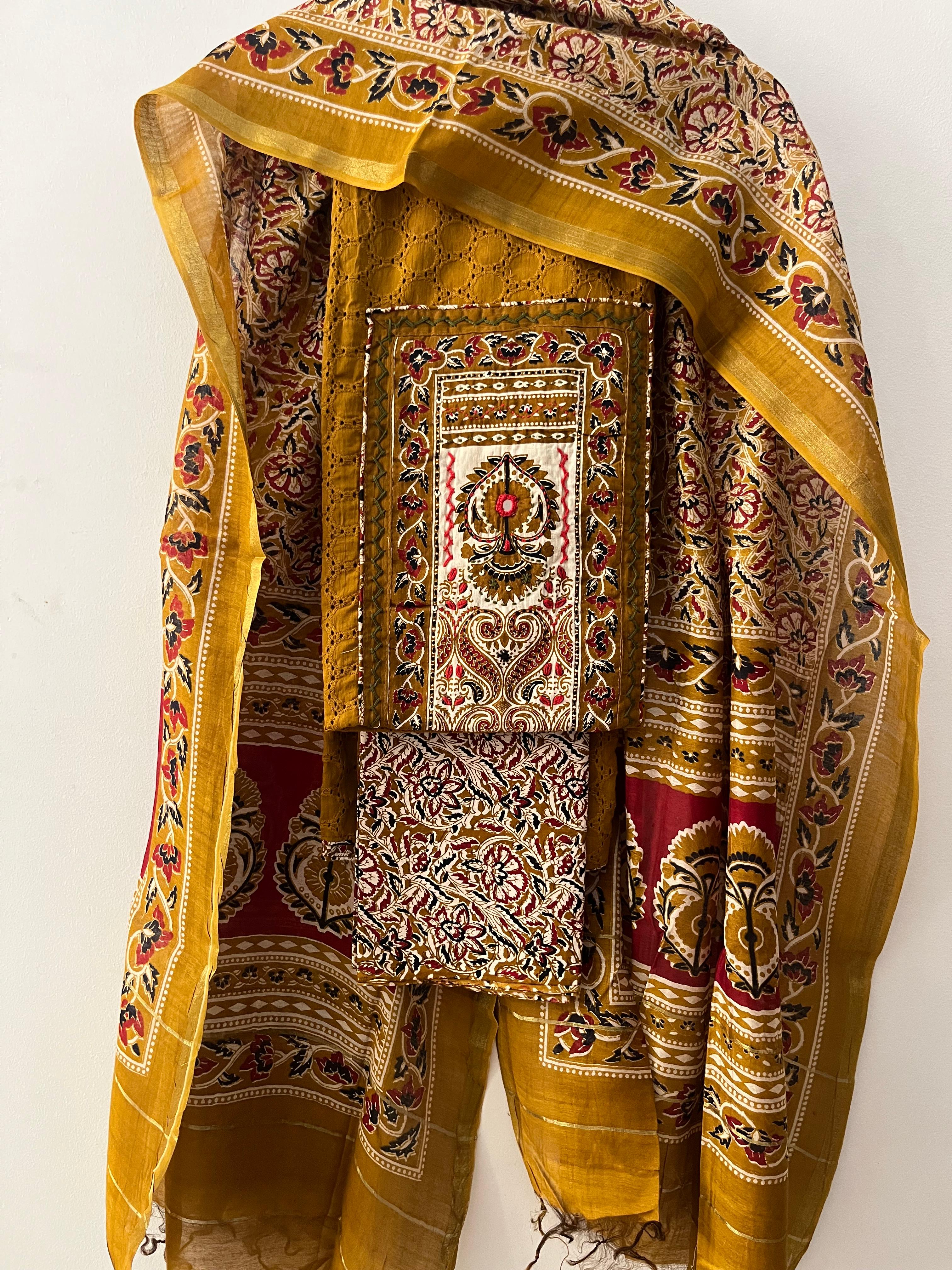 Mustard Yellow Hakoba Cotton Suit Set with Kalamkari Neck & Chanderi Dupatta